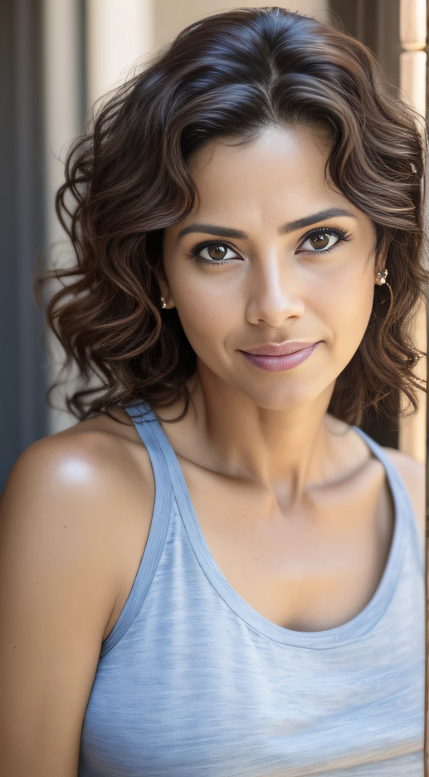 masterpiece, realistic, detailed eyes, beautiful, looking at the viewer, natural lighting, depth of field, film grain, wrinkled skin, ((45yo)), Brazilian, female, solo, wearing T-shirt, short wavy black hair, brown eyes, freckles, from the waist up, Portrait. Front view, Exterior.