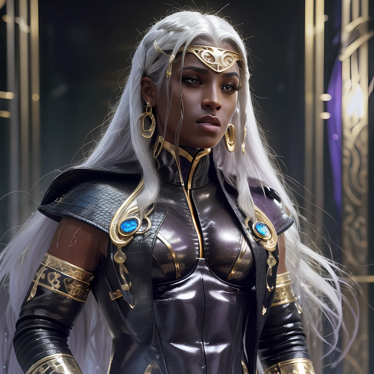 A preteen with a leash of straight white hair, dark skin, Latin ancestry, purple irises, wearing a black tatical suit with golden threads and wearing golden earrings shaped like snakes. Detailed eyes, detailed face, intricate grunge outfits, cinematic lighting, realistic concept art of strong backlighting.