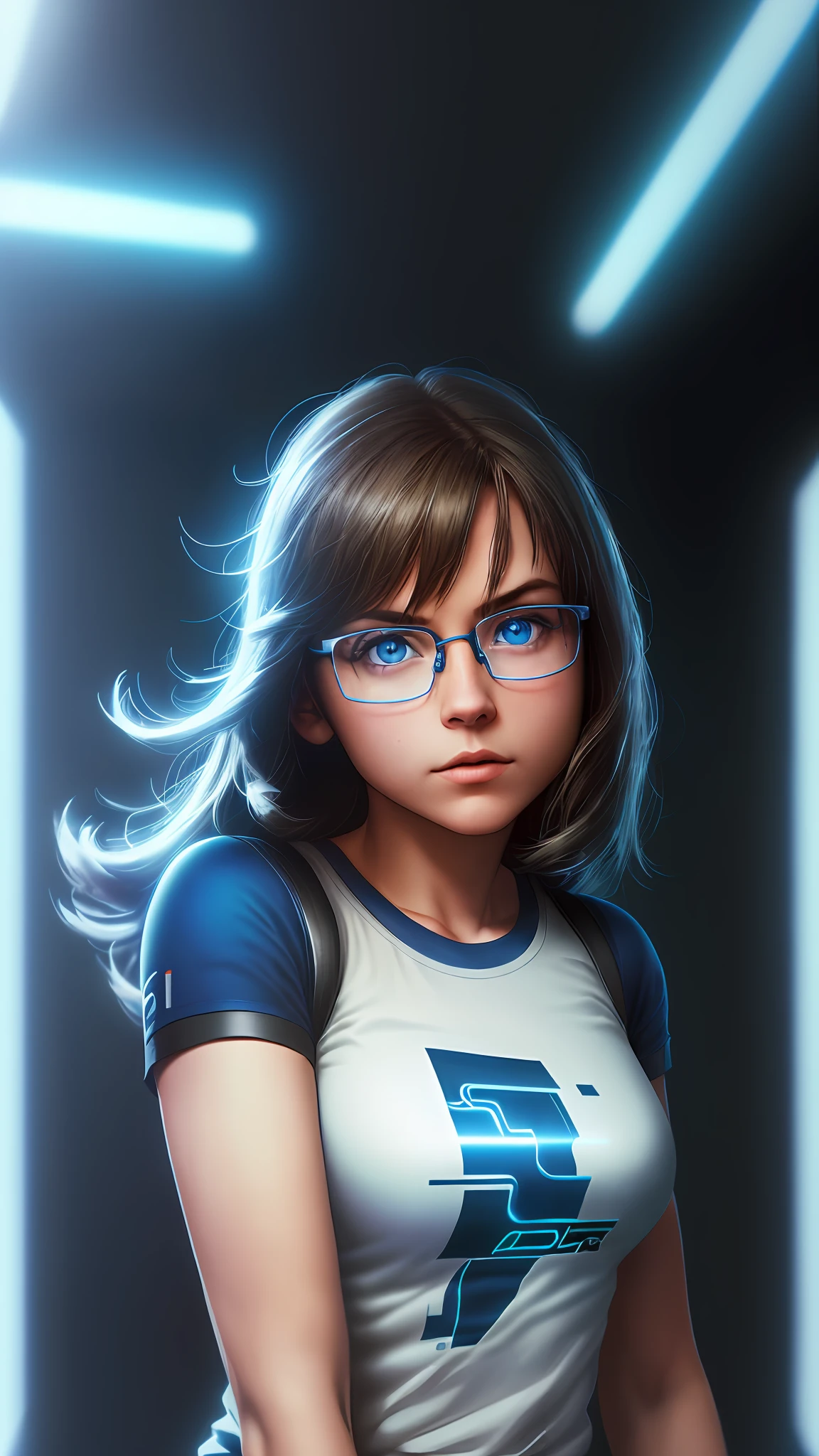 ((cinematic shot: 1.3), (futuristic t-shirt: 1.2),(glasses:1.2), (half body:1.2), (ultra-realistic:1.1),(masterpiece)), best quality, ultra-detailed CG (8k wallpaper:1.2), (blue eyes), (1girl), dynamic pose.