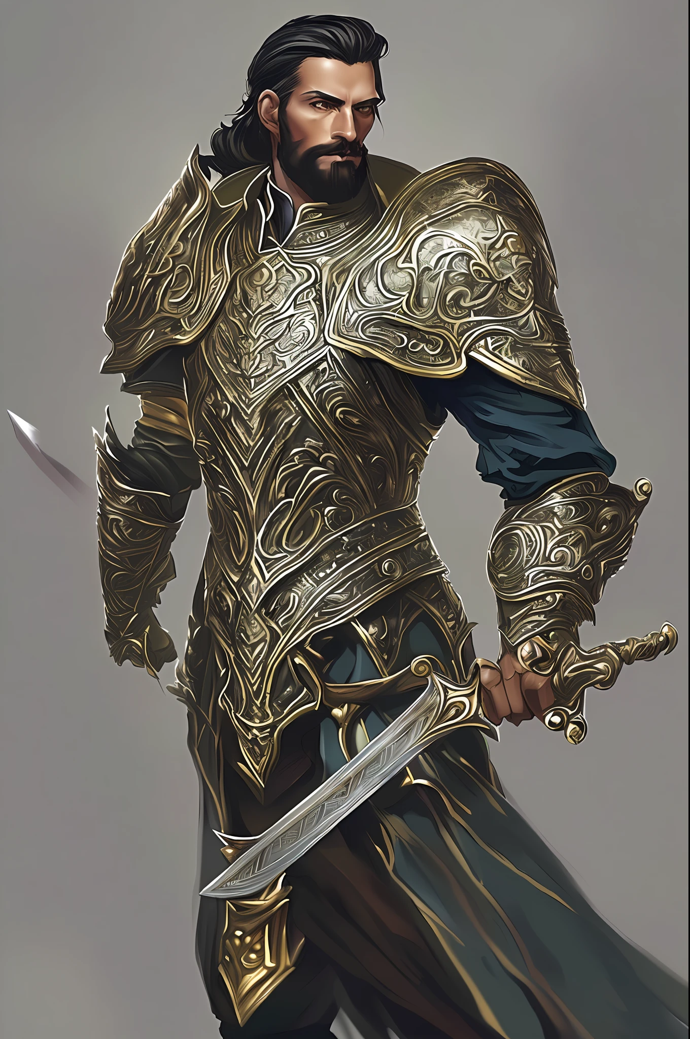 A painting of a man in armor with a sword, charlie bowater and artgeem, portrait, black supremacy, dignified aristocrat, by Ryan Yee, michael dante dimartino, award-winning portrait, ornate hair, rafeal albuquerque, 2020 award winning painting, man in his 30s, inspired by Richard Randolph Rubenstein
