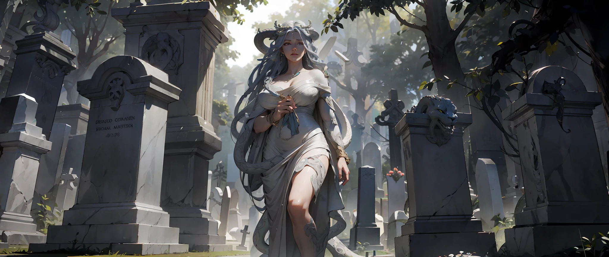 a marble statue of medusa adorned in decorative silver jewelry, standing in a misty (cemetery:1.2) surrounded by gravestones, snake tail, detailed eyes, masterpiece, best quality, intricate detail, absurdres, high detail RAW color Photo, highly detailed, harsh lighting, cinematic lighting, contrast, hard light, gigapixel, 8k resolution, cinematic, octane render, unreal, high definition, 8k uhd, professional lighting, photon mapping, radiosity, physically-based rendering, award-winning photography, backlight, ray tracing, cinematic lighting