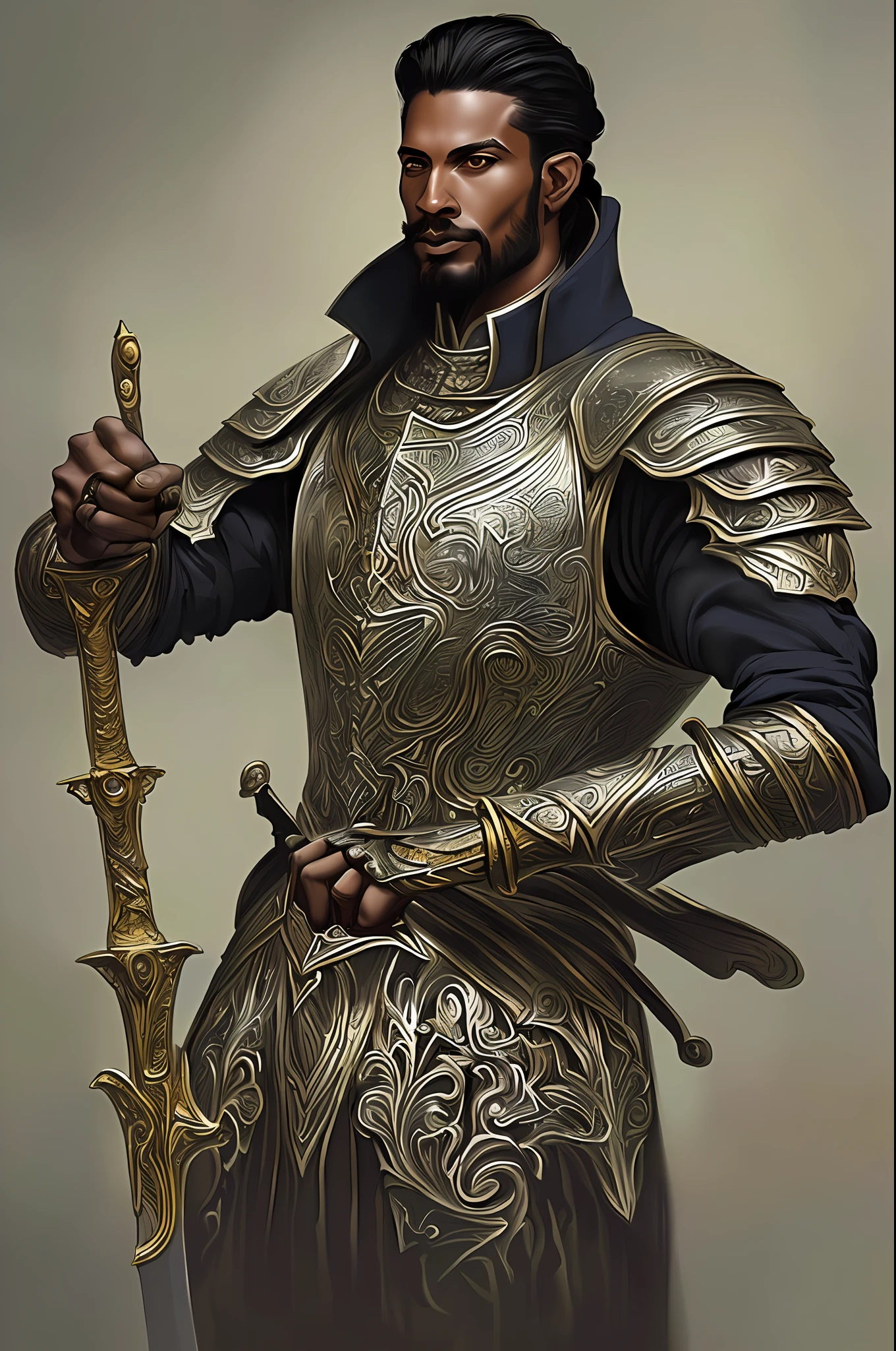 A painting of a man in armor with a sword, charlie bowater and artgeem, portrait, black supremacy, dignified aristocrat, by Ryan Yee, michael dante dimartino, award-winning portrait, ornate hair, rafeal albuquerque, 2020 award winning painting, man in his 30s, inspired by Richard Randolph Rubenstein