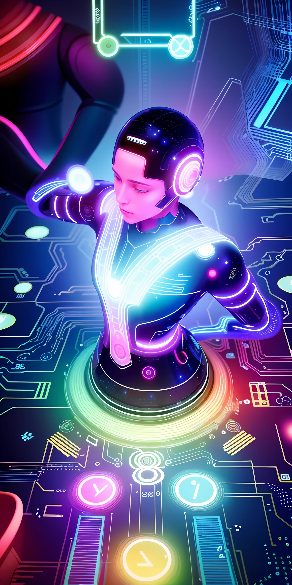 An image that shows the beauty of artificial intelligence, including symbols and circuits that overlap with an impressive palette of vibrant and captivating colors.