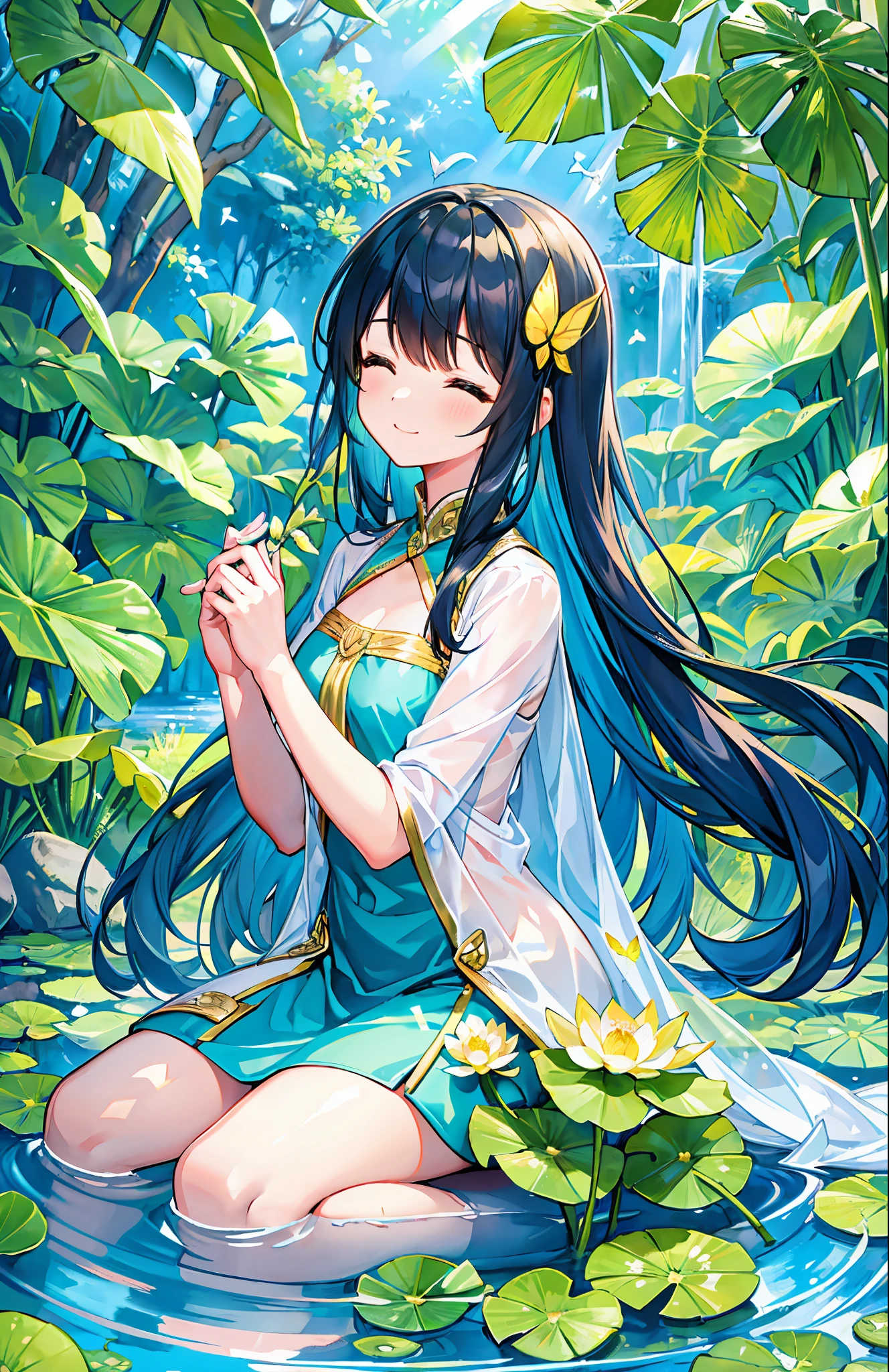 Summer girl sitting on lotus leaves, the breeze caressing her face and gently blowing away her hair. The sunlight shone on her like a soft golden veil, illuminating her flower-like smile. She closed her eyes and felt the coolness of the lotus leaves, as if she was in a dreamy wonderland. Butterflies dance around her, small fish frolic in the water, and birds chirp softly. This peaceful and healing scene soothes people's souls, and sorrows and troubles gradually dissipate, leaving only a piece of tranquility and joy, (martial arts).