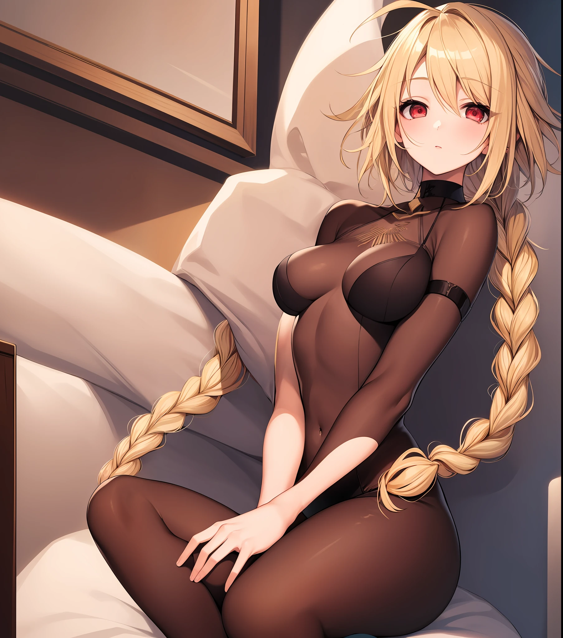 Masterpiece, best quality, 1 girl, solo, 1 girl, (lambda-11), blonde, red eyes, (single braid), braid, medium breasts, tights, unit, bedroom, exposed breasts