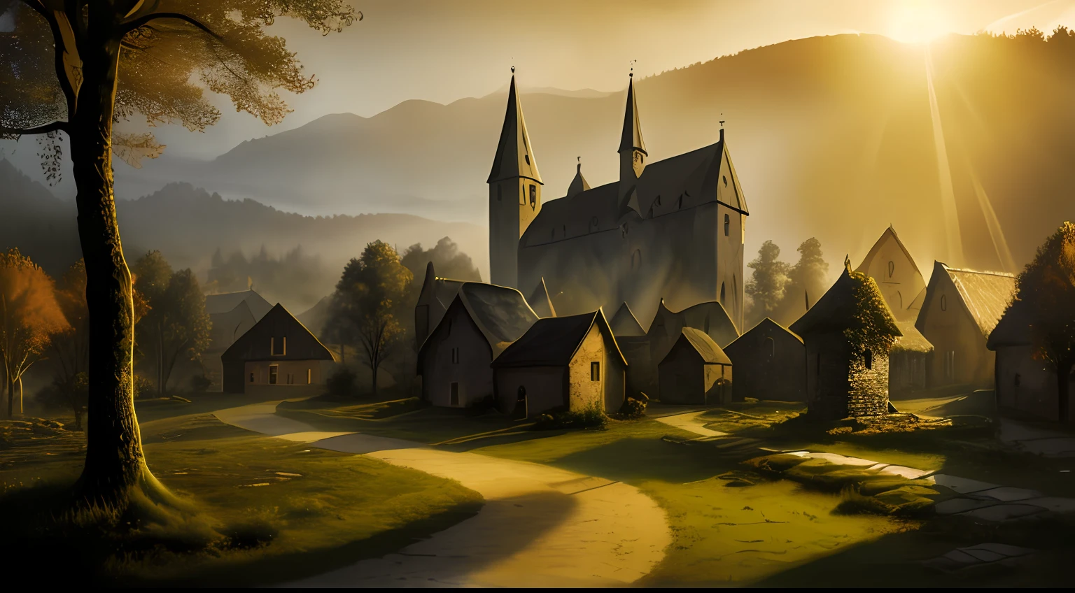 Magic realism style painting of a medieval village at sunrise, mossy, mist, foggy, shadows, misterious, mithical, dark, rays of light shines trough the woods, ambient, depth of field, volumetric lighting, cinematic lighting, moody, heavy darkness, black sky, low angle perspective, IMagic realism