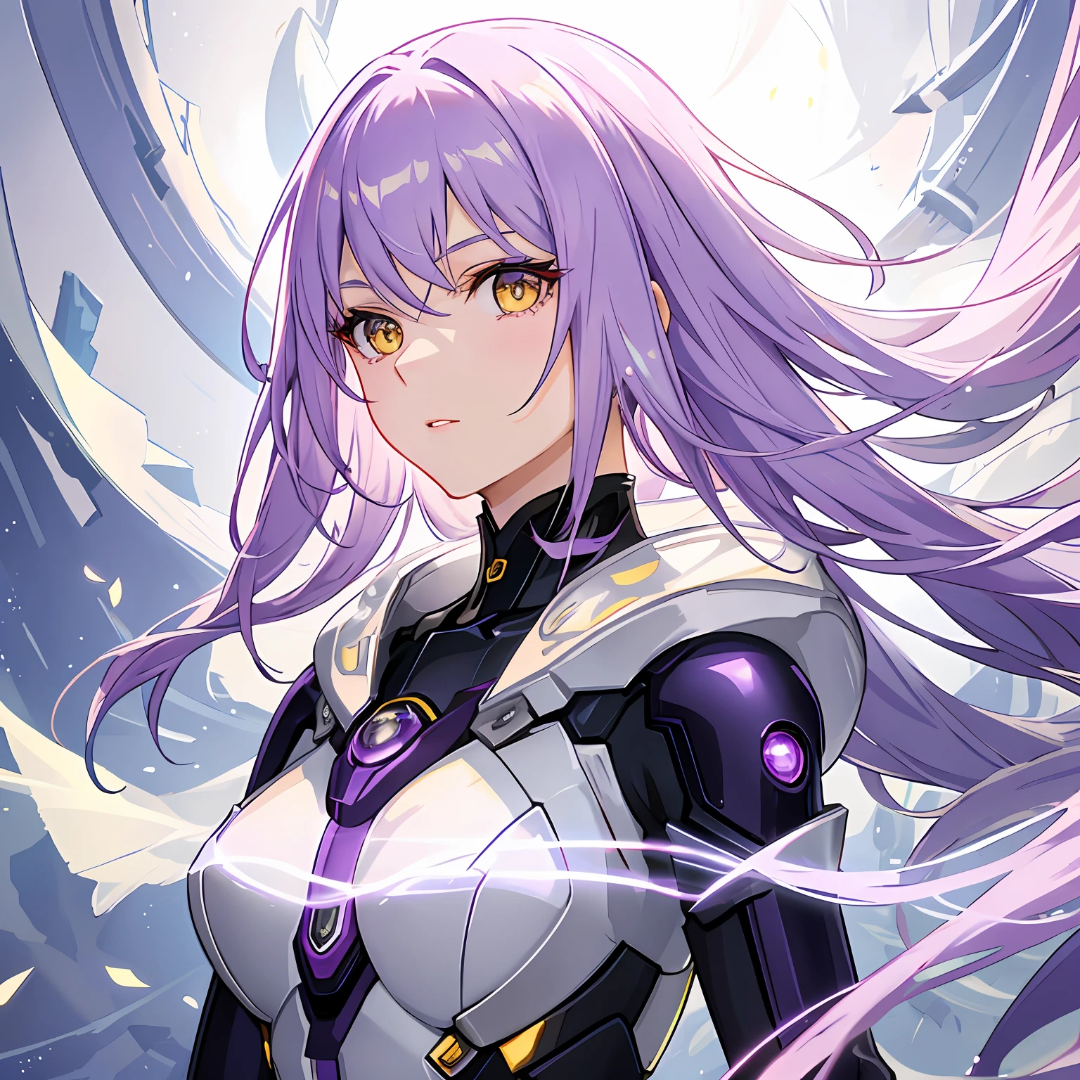 "A beautiful girl with short lilac hair who wears mechanical body parts, with shimmering yellow eyes, in a detailed scene with the best quality and lighting, floating in an ethereal environment, shrouded in a mysterious aura."