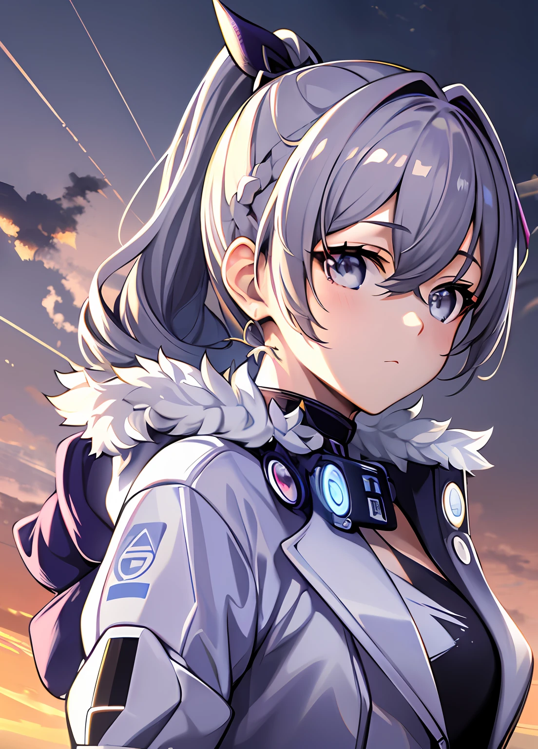 Masterpiece, Best picture quality, Extreme vividness, Anime girl with curly ponytail, petite figure, white functional wind coat, cyberpunk, gray hair, relaxed natural wind, dynamic posture, golden section, portrait with large aperture, cool tones, strong visual impact, white space, light and shadow contrast, super texture, sunset afterglow, super clear picture, simple picture