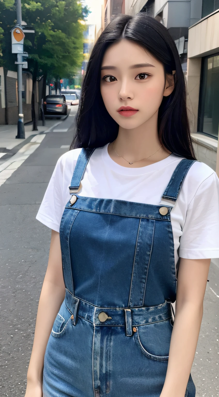 ((midnight, best quality, 8k, masterpiece :1.3)), full body, long legs, sharp focus :1.2, a beautiful woman with perfect figure :1.4, slim abs :1.1, ((black hair, huge breasts :1.2)), (white skinny t-shirt, denim bib, suspenders, standing: 1.2), (street: 1.3)), highly detailed face and skin texture, fine eyes, double eyelids, cinematic texture, super high resolution