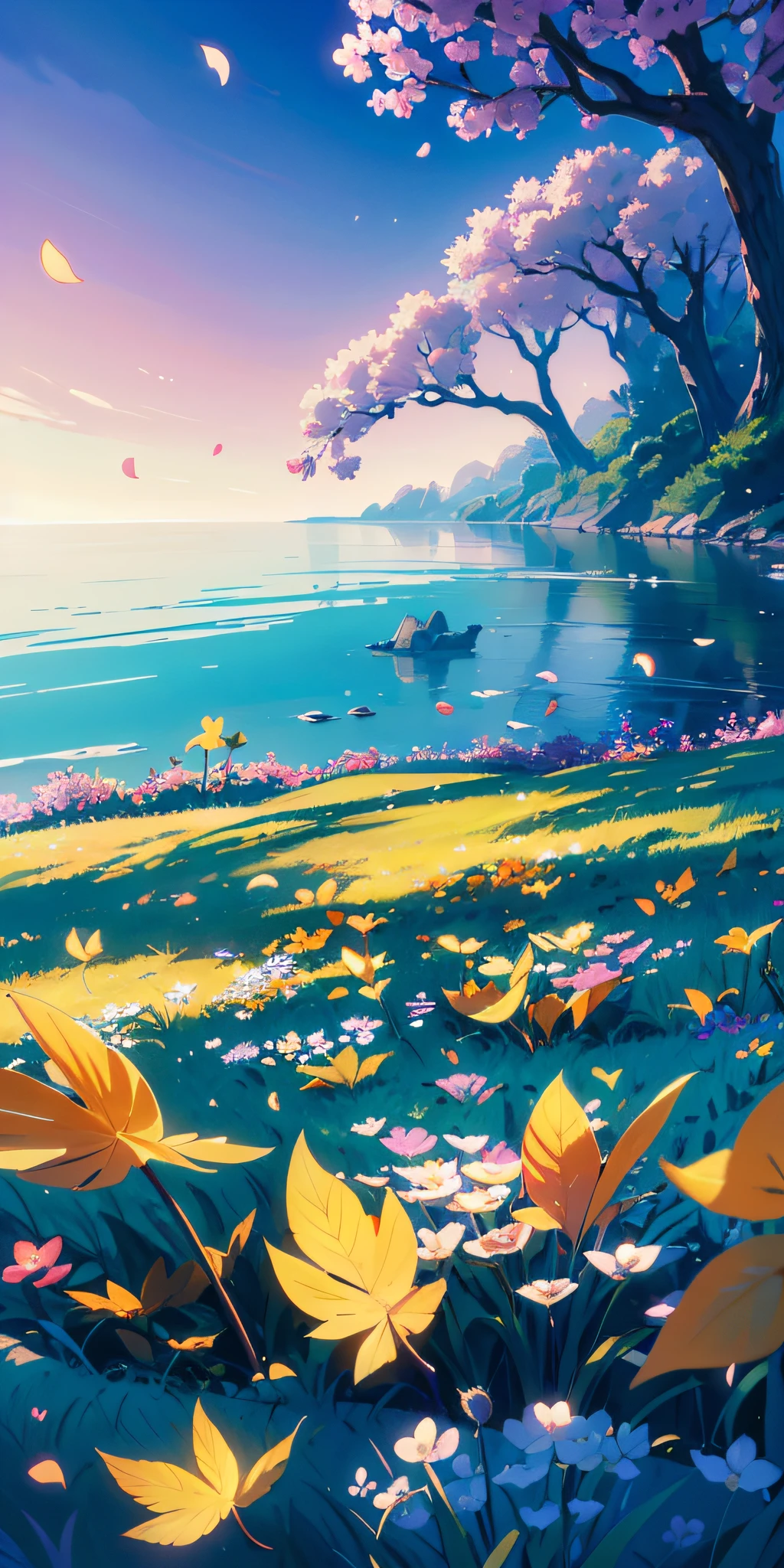 Masterpiece, best quality, (very detailed CG unity 8k wallpaper) (best quality), (best illustration), (best shadows) Nature', blue sea,delicate leaves petals of various colors falling in the air light Tracking, super detailed --v6