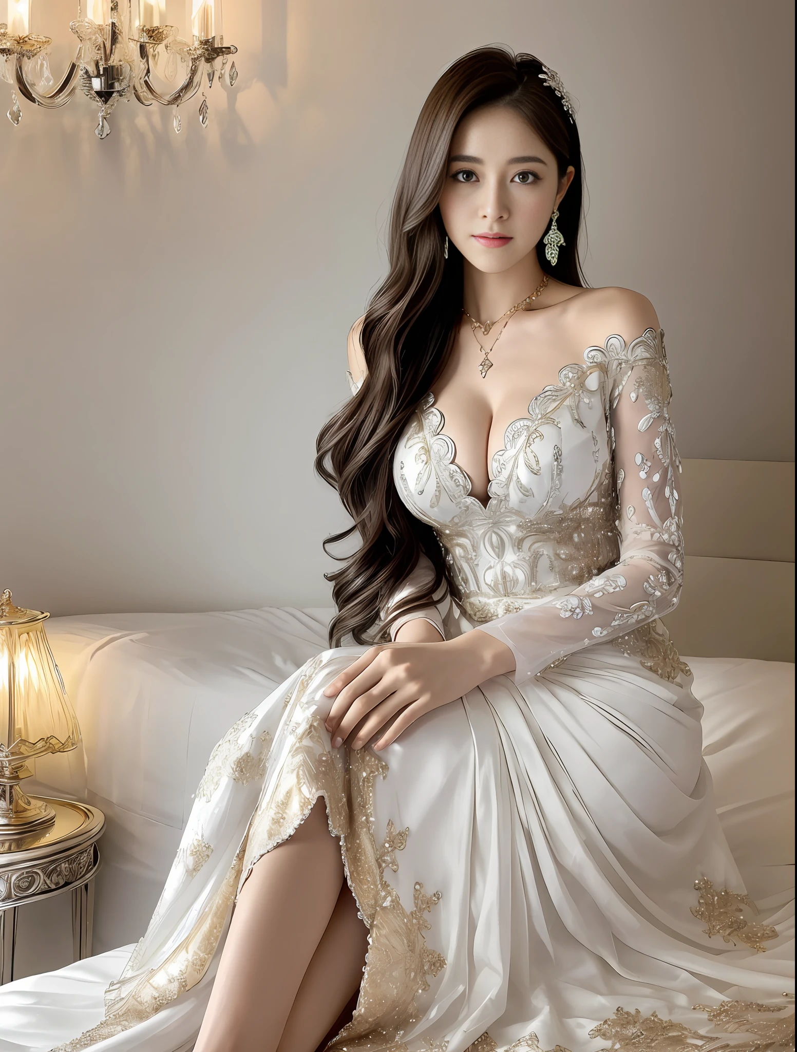 Marian Rivera with feathered wings, 30 years old , slim body abs, tall , sitting on bed, cross legs , ((gigantic breast:1.2)), beautiful lady, Sad faces , (( 2 wing like an angel )), Nikon Z 85mm, ((best quality)) ((masterpiece)), intricate detail, ((almost nude)), sharp focus, professional, realistic, real life, hyperreal, photorealistic, fine detail, best quality, very Detailed CG unity 8k wallpaper, perfect artwork, Full body, shiny hair, glowing eyes, shiny skin, realistic, perfect female hourglass figure, thin waist, wide buttocks, looking at viewer, extremely delicate and beautiful, best quality, beautiful detail girl, beautiful eye detail, face lighting, film lighting, perspective, revealing buttocks, perfect collarbone, golden ratio face, realistic facial expression, (exquisite detail, makeup, (exquisite beautiful exquisite face, delicate and beautiful eyes, a face with perfect proportions, high-detailed skin,((wearing silver wedding dress)), ((gold embrodery clothes detail)), khimar, diamond hair band, simple diamond necklace open, shoulders, underwired bra, ((closed clothes), ((polite clothes)), brown hair, luxury hotel bedroom.