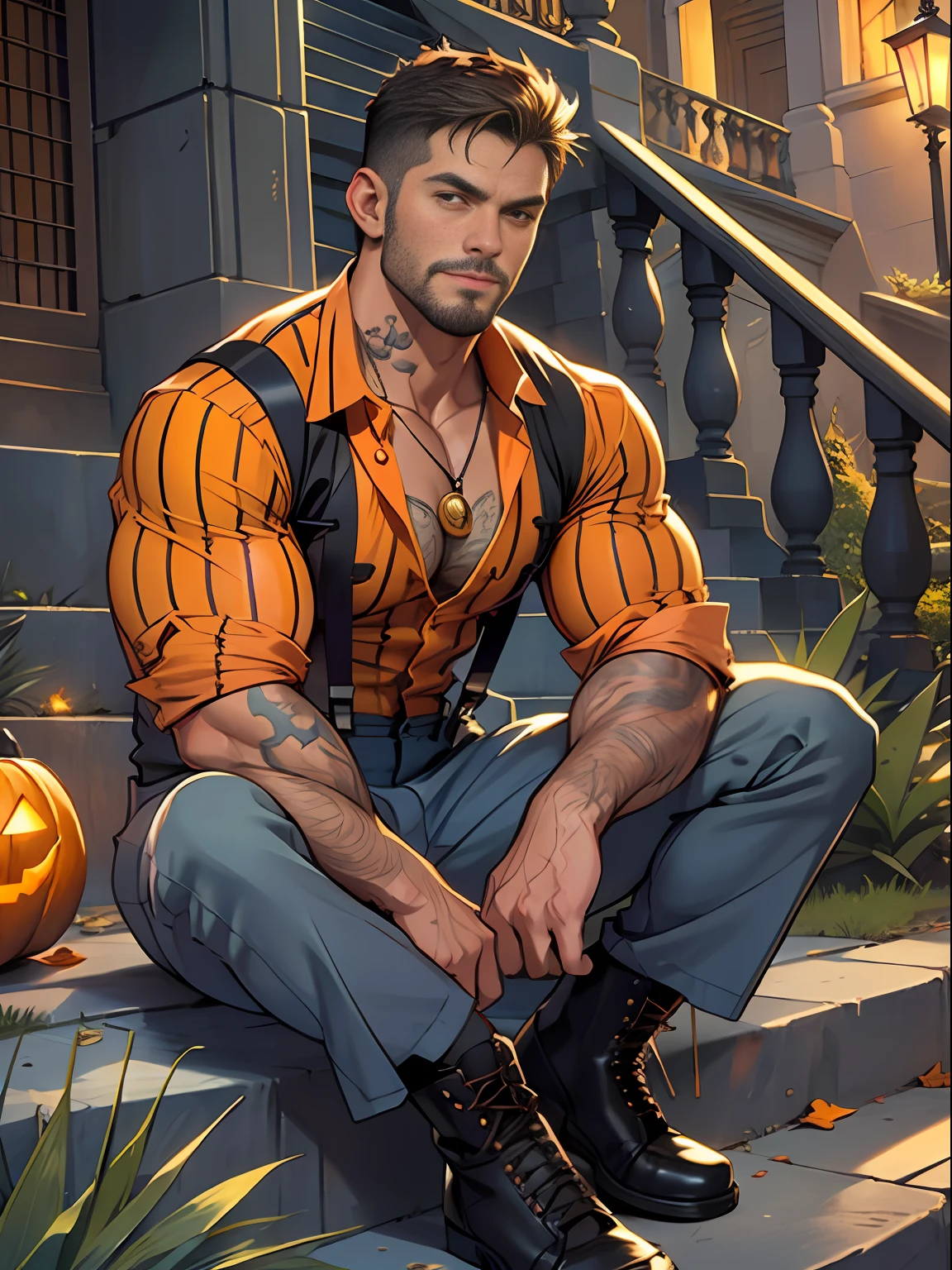 30 years old, big eyes, male, stubble, short hair, huge muscles, exaggerated muscles, mature man, muscle swelling, bodybuilding, pectoral muscles, abs, in the courtyard of European sculpture, jack-o'-lantern, orange striped shirt, open shirt, pumpkin badge, jack-o'-lantern necklace, orange suspenders, martin boots, natural light, wet, wheat-colored skin, 1man, tattoo on forearm, Halloween ornaments, night, sitting on steps