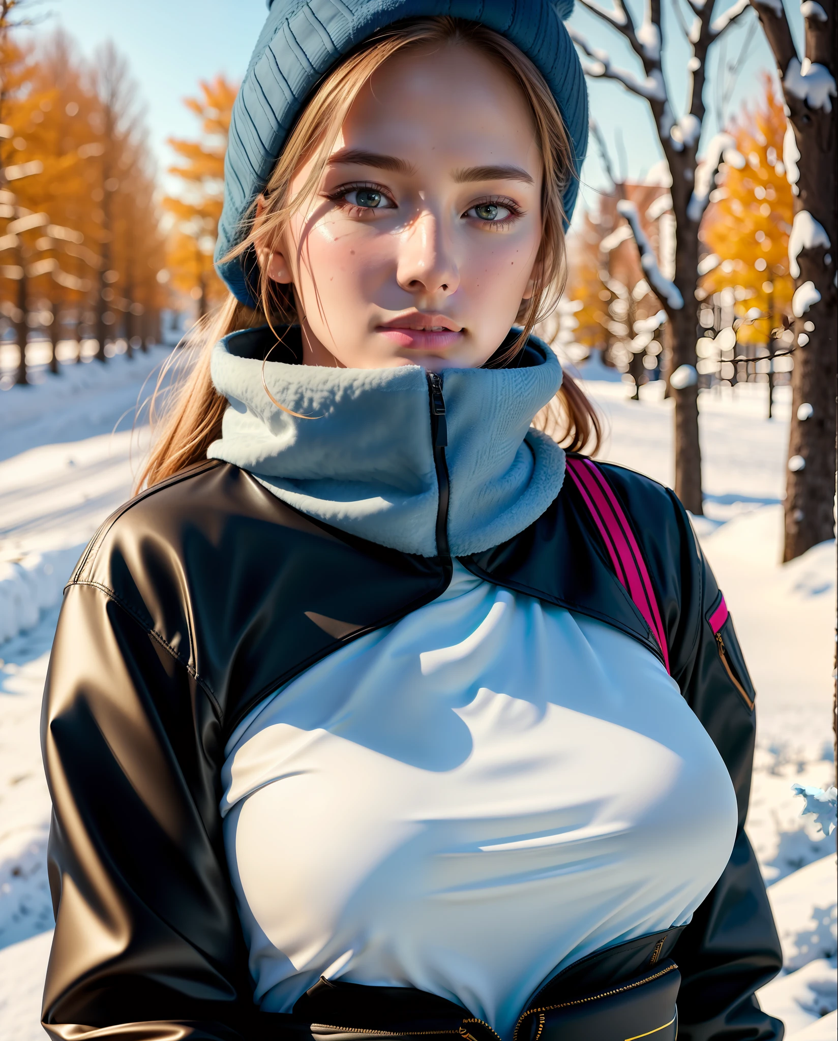 ((Best quality, 8k, Masterpiece :1.3)), Beautiful face, (photo realistic:1.4), soft lighting, (high detailed skin:1.3), 8k uhd, dslr, high quality, high resolution, 4k, 8k, absurdres, best ratio four finger and one thumb, (realistic:1.4), ((realistic medium breasts :1.3)), Highly detailed face and skin texture, Detailed eyes, Double eyelid, full body view, winter outfit, outdoor activities,