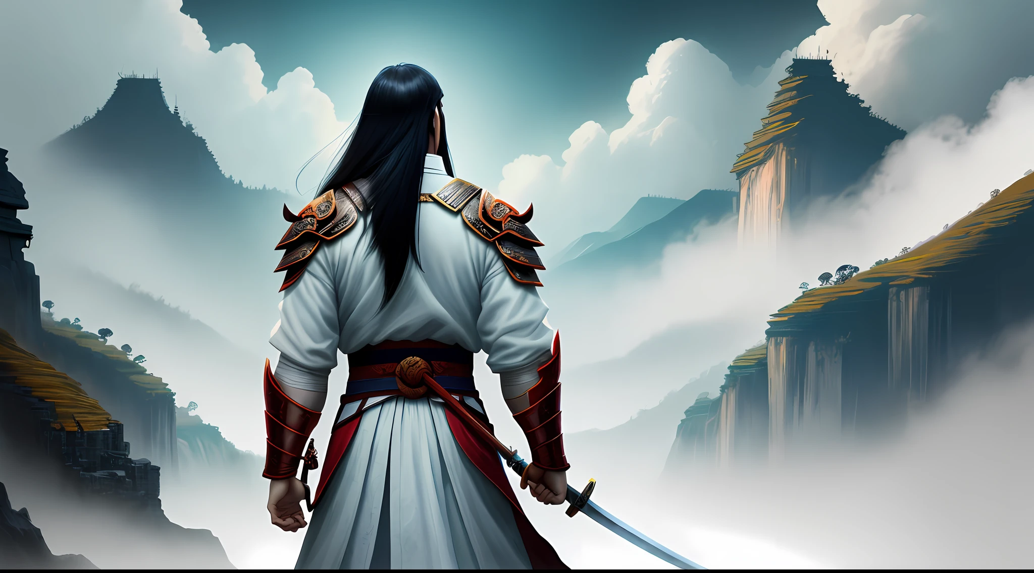 Ancient Chinese swordsman, 4k, super high resolution, mobile wallpaper, Chinese ink, freehand style, landscape, warrior, a man, comics, back, white clothes, long hair, Tang costume