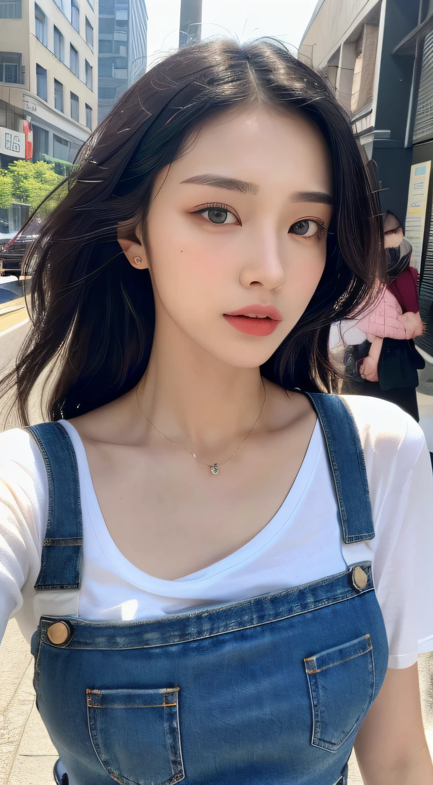 ((midnight, best quality, 8k, masterpiece :1.3)), full body, long legs, sharp focus :1.2, a beautiful woman with perfect figure :1.4, slim abs :1.1, ((black hair, huge breasts :1.2)), (white skinny t-shirt, denim bib, suspenders, standing: 1.2), (street: 1.3)), highly detailed face and skin texture, fine eyes, double eyelids, cinematic texture, super high resolution