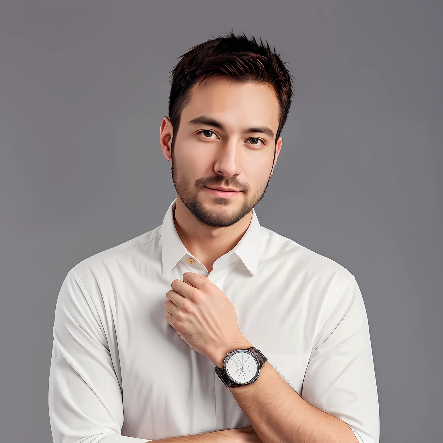 1 man, a 30 year old man, unshaven beard, defined body, wearing white long-sleeved shirt and tie, with a watch, upper body, camera studio with 3 flashes, soft lighting, masterpiece, best quality, 8k uhd, dslr, film grain, photorealistic painting Fujifilm XT3 art of midjourney and greg rutkowski