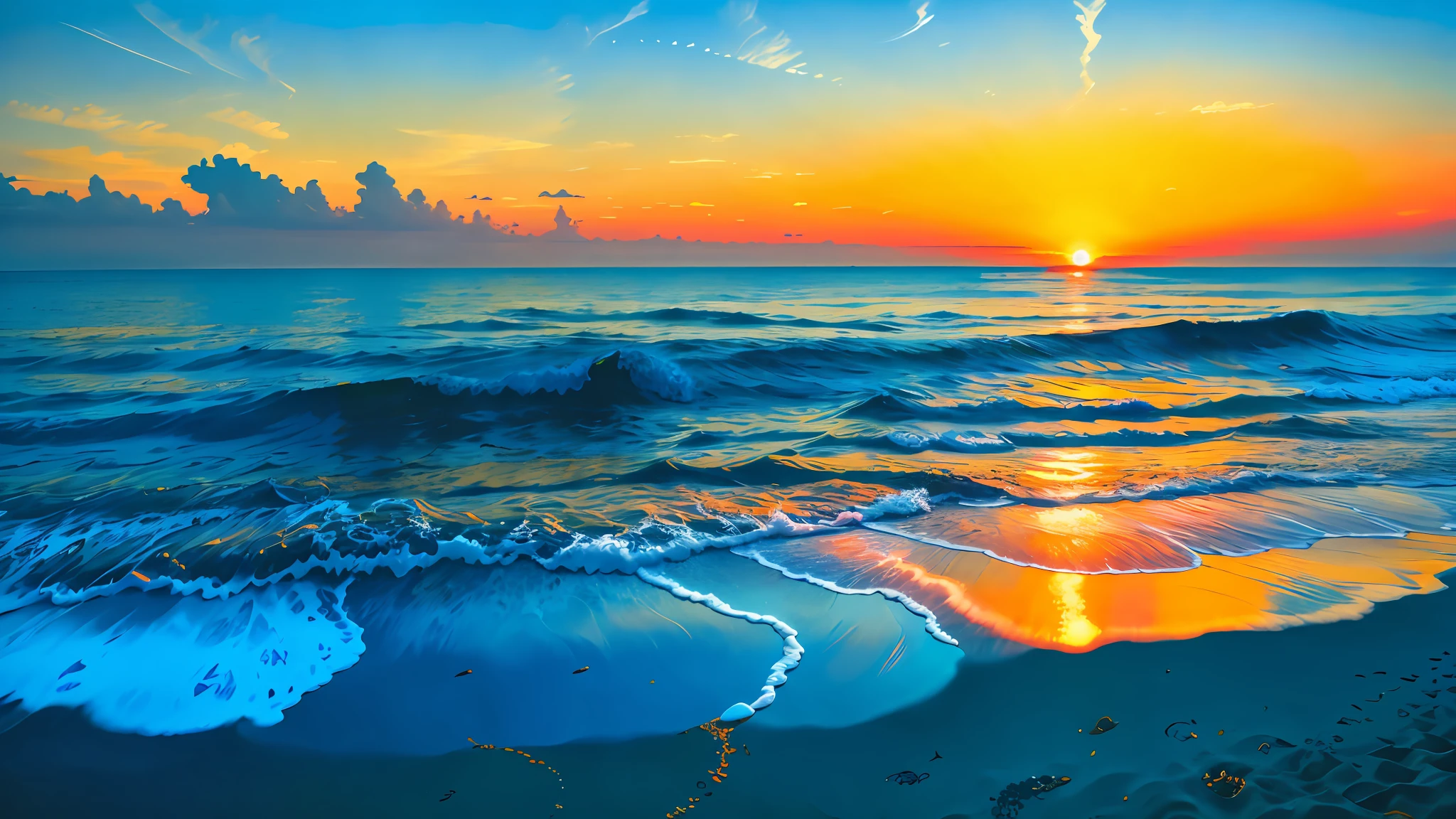 Blue, ultramarine, orange and yellow mix to fill the sky, beaches, permeable sands stretch out endlessly, sunrise, take in the calm atmosphere and peace washes you away.
