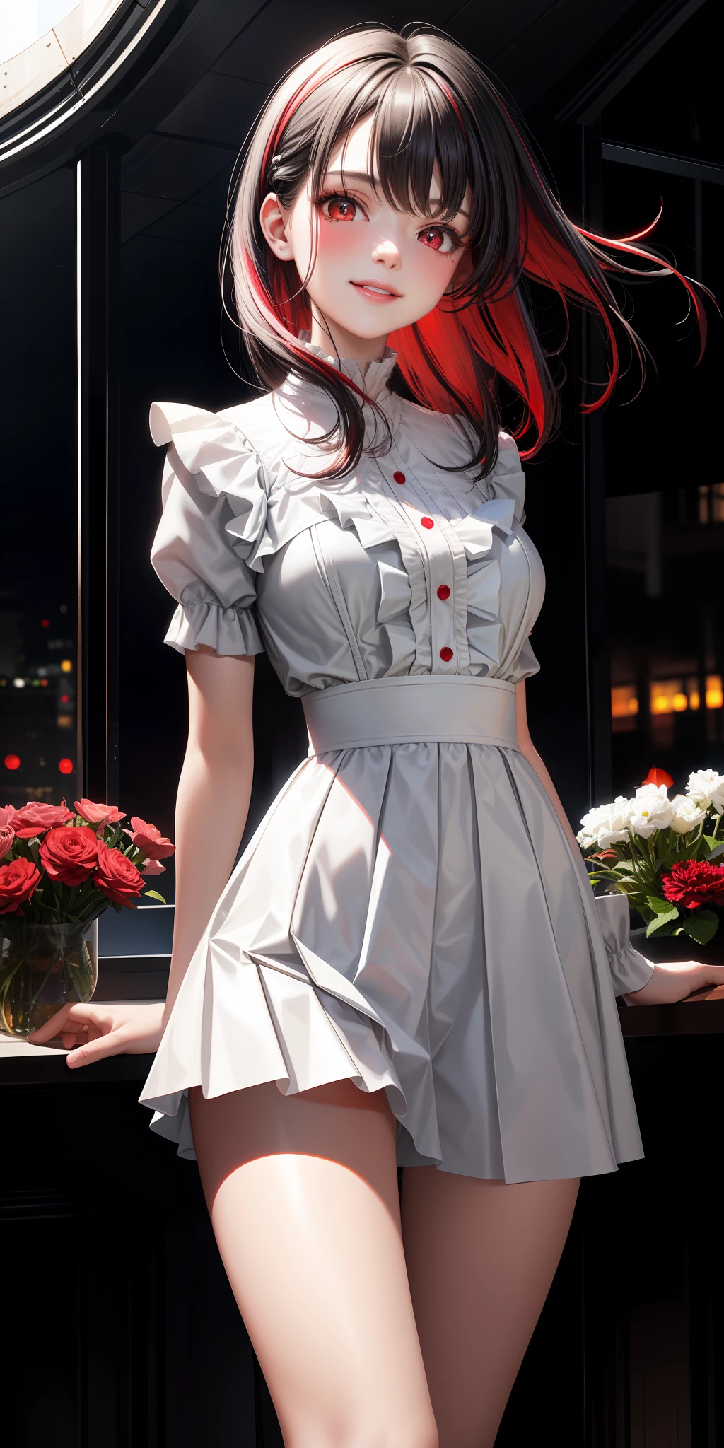 Realistic, 1 girl, Black hair with red highlights, Red eyes, Shining eyes, Smile, Red and black ruffled shirt, Skirt, Parted lips, Blush, Daytime, Daylight, White skirt, Long skirt, Medium length hair, Realistic, Warm color, Valley, White clothes, Looking up angle, Bright cityscape, Fairytale room,