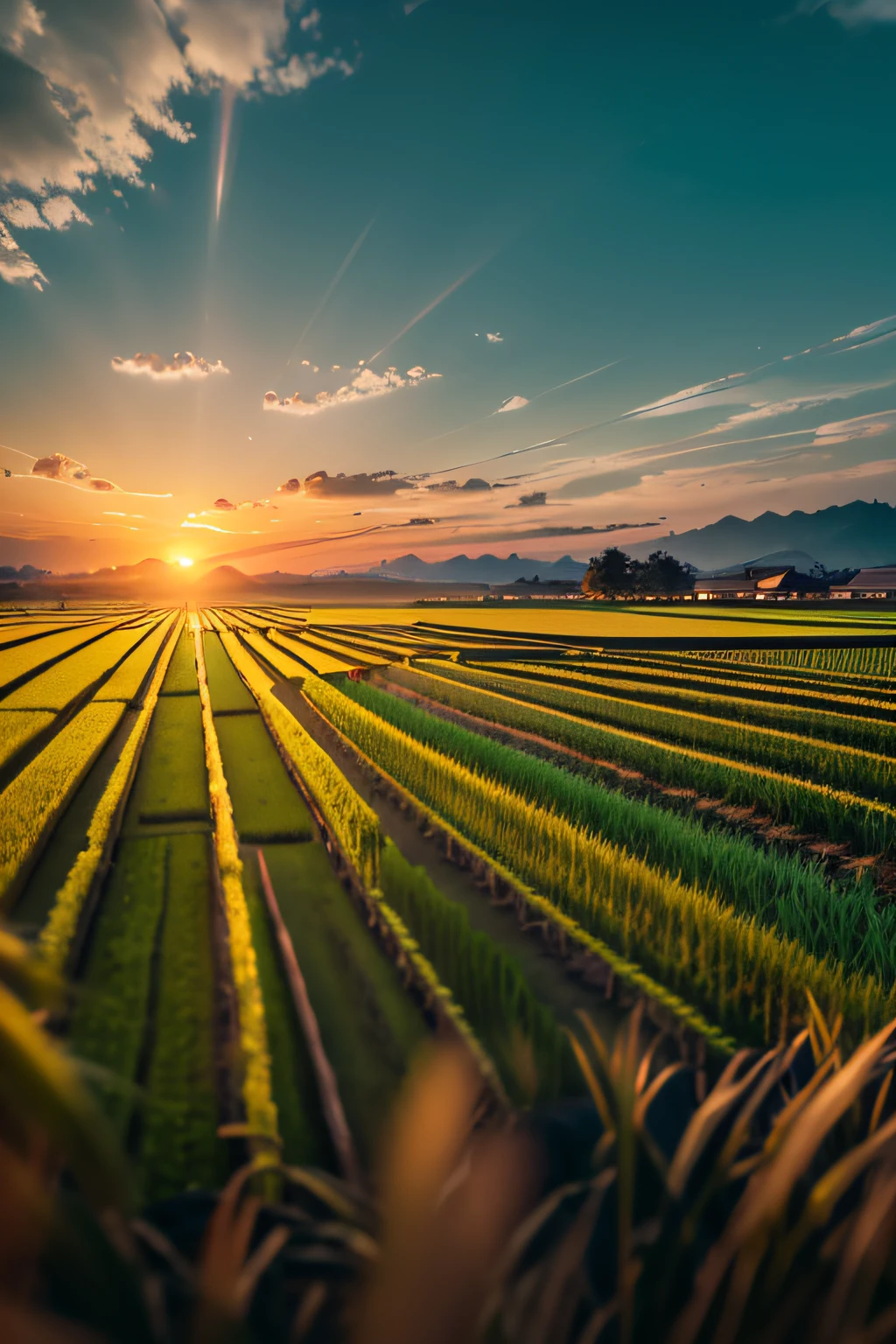 8K, Best Quality, Cinematic Light Effects, Rice Fields, (Busy People: 0.6), Sunset, Dusk, --auto --s2