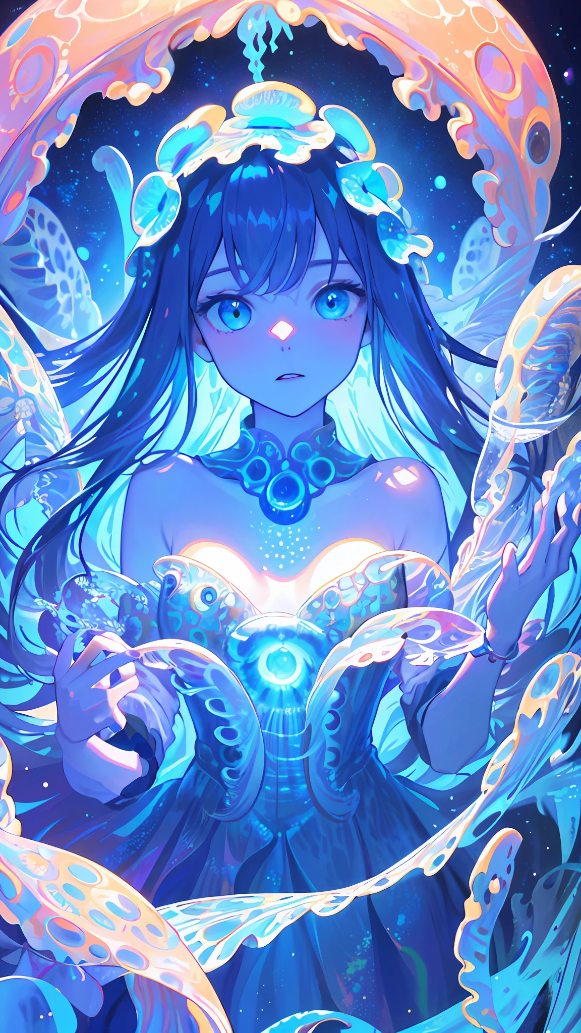 (masterpiece, best quality:1.2), (ultra detailed),(illustration), wallpaper, original,
(1girl),ldelicate beautiful face and eyes,focus on face,
Deep sea background,jellyfish,masterpiece,fluttered detailed splashs, beautiful detailed water,cosmic eyes,Shock sensation,(realistic :0.5),octopus,original 2
High saturation,(surrounded by colorful splashes and dot),colorful bubble,(shining)