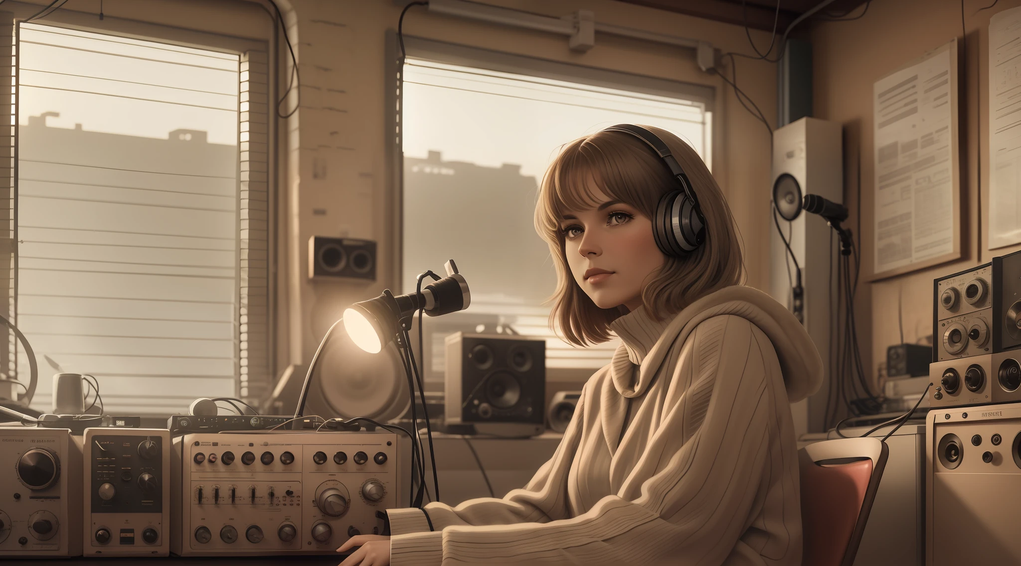 grainy old realistic photo of a female singer sitting in a crowded messy dusty, cozy audio studio with vintage amps, synts, old used speakers, wires, microphones, audio equipment, in 1976, posters on the wall, paper notes on the floor, extreme high quality, volumetric lighting, light rays shining trough the windows, cinematic lighting, backlights, crimson sunset, depth of field, retro, low angle shot, perspective, ambient occlusion, misty, old, warm, intimate, perfect anatomy, symetric face, 70's fashion by William Henry Fox Talbot