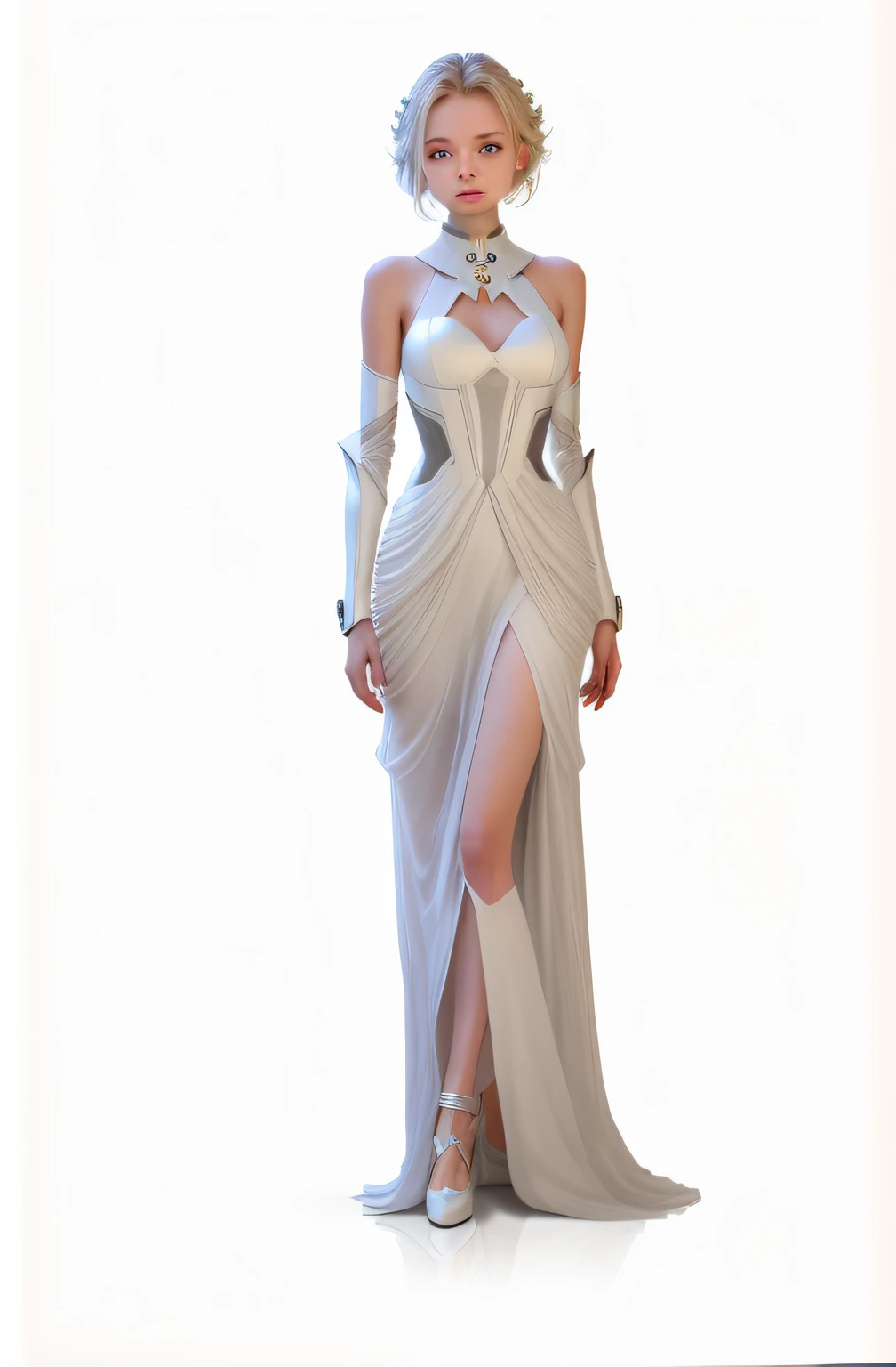 Kevlar material,futuristic clothes, supernova dress, bare arms, bare palms, sleeveless shirt, full body, 1 girl, space opera-style costume, pale skin, sci-fi minimalist evening dress, white plastic, diffuse light, fantasy, no helmet, absurd, dune, quality, (masterpiece: 1.4), super detailed, 1 girl, stand up, 2023 fashion, supernova dress, there is a hollow in the middle of the dress, Hollow with light tulle, shiny light bar on clothes, bare arms, bare palms, sleeveless shirt, full body, 1 girl, in space opera-style costume, pale skin, simple evening dress with sci-fi feel, white plastic, diffuse lighting, sacred goddess, fantasy, no helmet, absurd, dune, mass, (masterpiece: 1.4), super detailed, 1 girl, stand up, 2023 fashion,