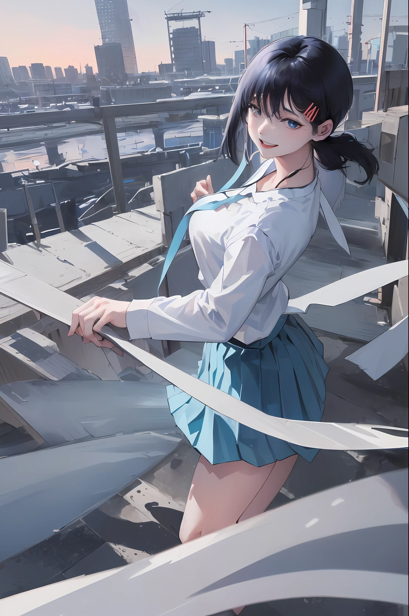 official art, masterpiece, sharp focus, (beautiful, beautiful and cute Japanese woman: 1.3), (beautiful and cute Korean: 1.3), Japanese beauty, Delicate and beautiful hair, eyes and face, realistic, ultra detailed, beautiful girl, blue sky, glow white particle, (side illumination: 1.2), sunlight, white cloud, detailed clouds, slender, Lovely very big breasts and very big hips, smile with teeth,  ((smile with eyes, open both eyes)), landscape, long straight hair, sexy facial expression, building (cityscape: 1.7), dynamic hair, black hair, bright blue eyes (blue pleated shirts + white skirt), white long socks, pale skin, hair ornament, epic scenery,