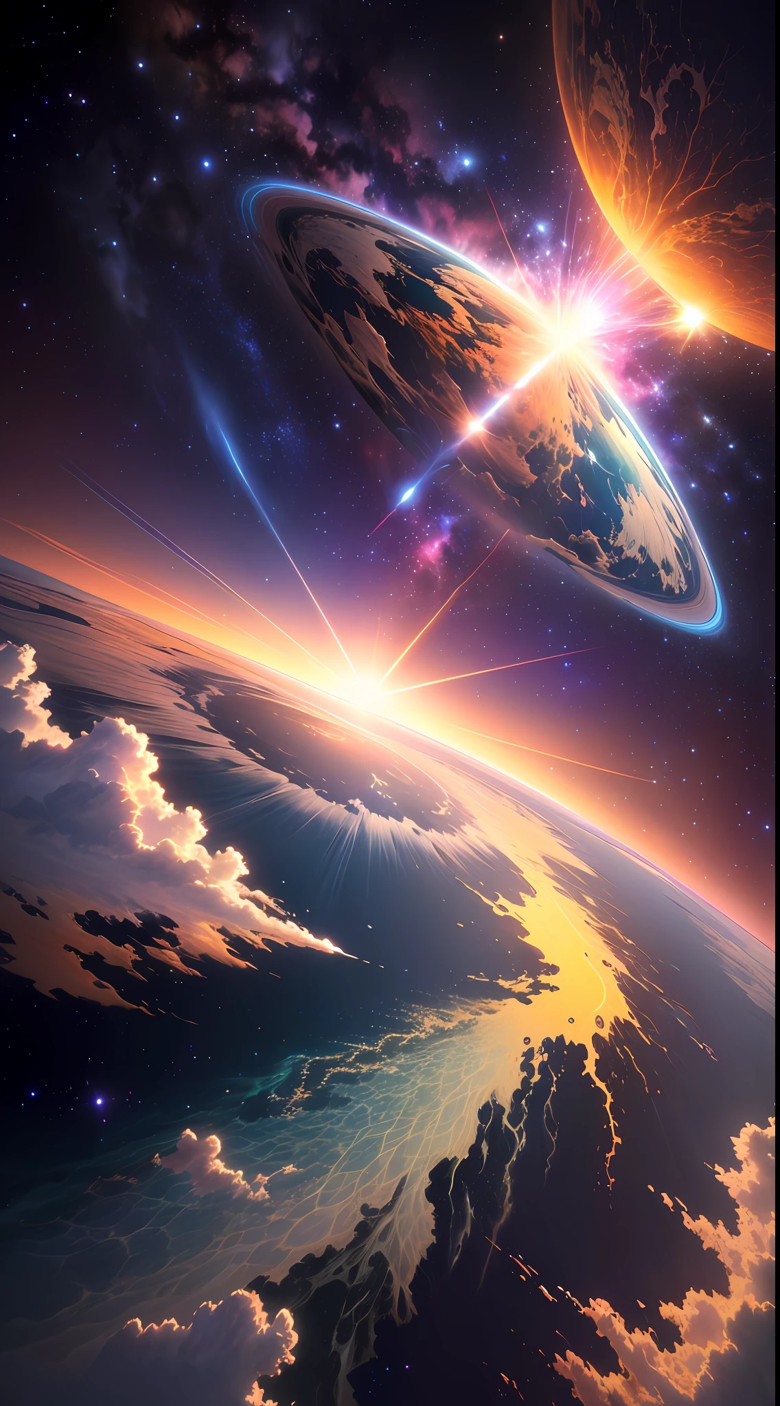 Wallpaper, God, painting the heavens and planet earth, cosmos, universe, leaves, depth of field, HD detail, hyperdetail, cinematic, soft light, deep field focus, ray tracing, realism.