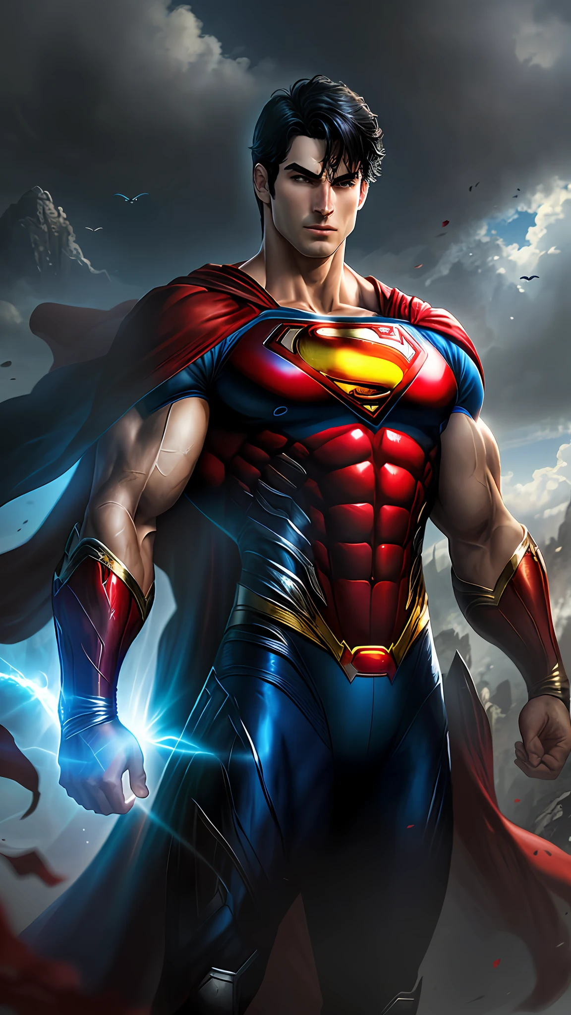 Realistic photography, 1boy, Superman abs, uniform covering all body, black hair, blue costume, blue eyes, red cape, cape, closed mouth, arms crossed, large pectorals, male focus, muscular, muscular male, pectoral lift, pectorals, red cape, short hair, simple background, solo, superhero, upper body, (((masterpiece))