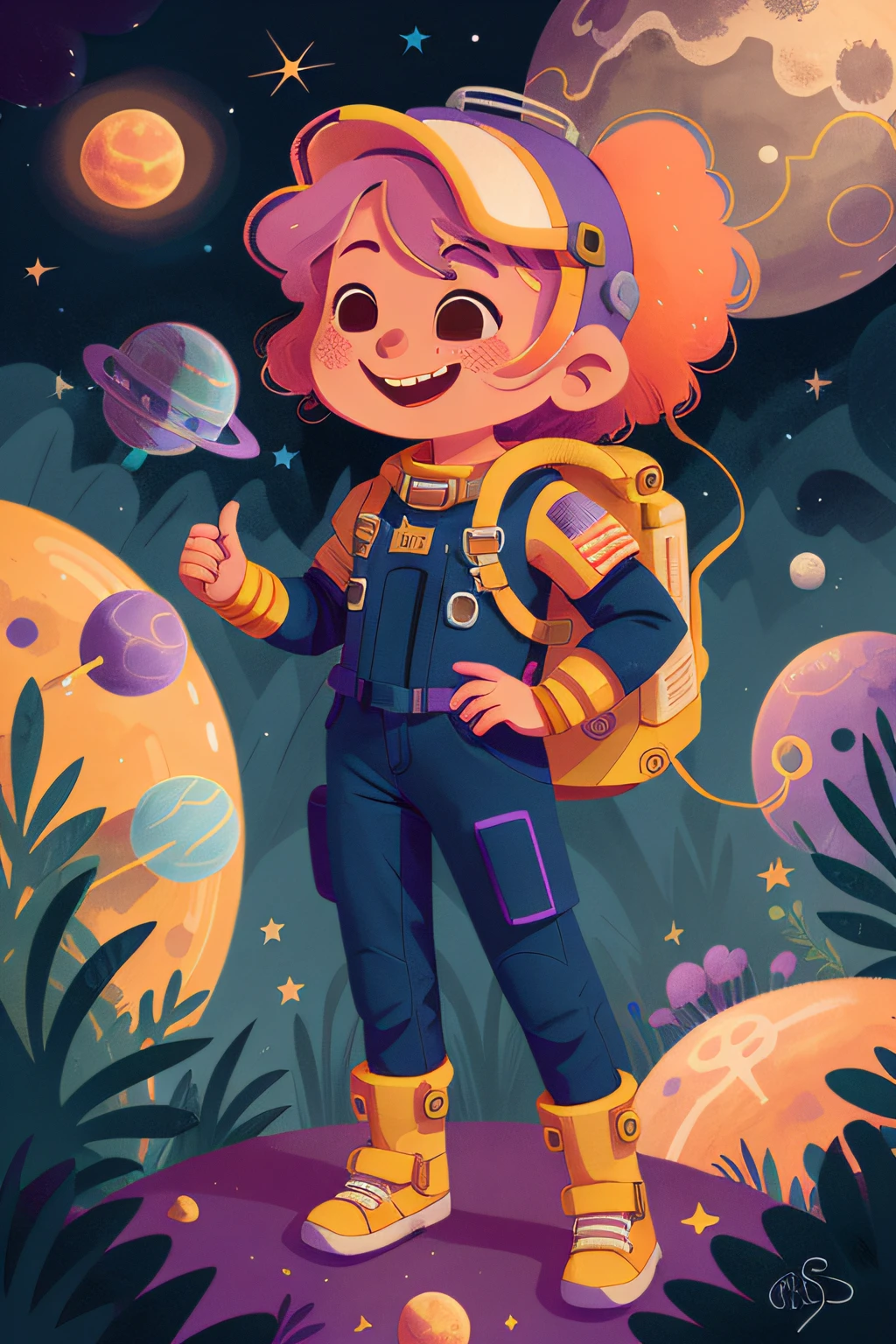 Cosmic girl in spacesuit, purple hair, spacehat, smiling