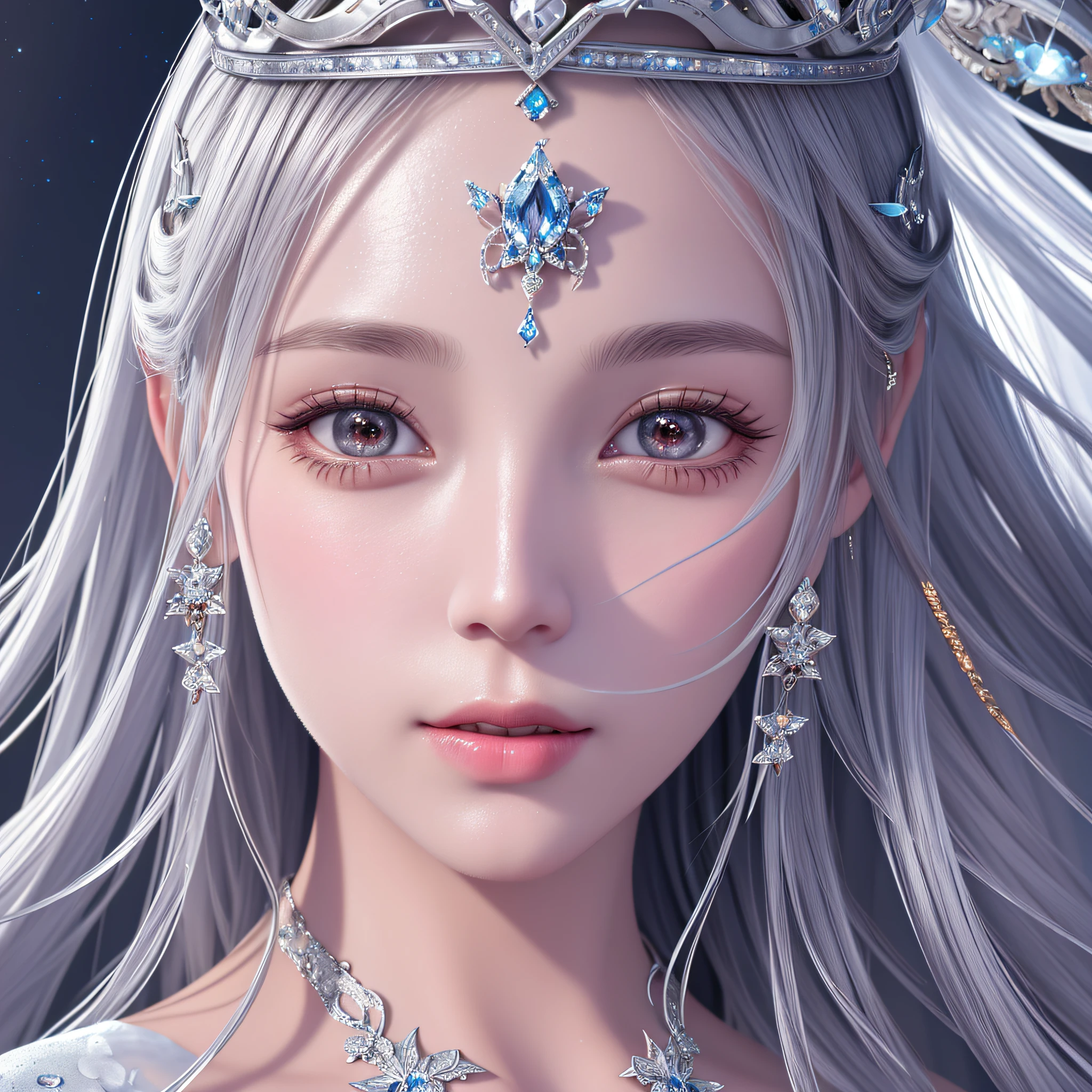 a close up of a woman wearing a silver dress and a crown, 8k high quality detailed art, beautiful digital artwork, beautiful character painting, 4k highly detailed digital art, fantasy concept art portrait, great digital art with details, beautiful fantasy art portrait, fantasy art style, 4 k detail fantasy, detailed matte fantasy portrait, hyperdetailed fantasy character, beautiful fantasy portrait