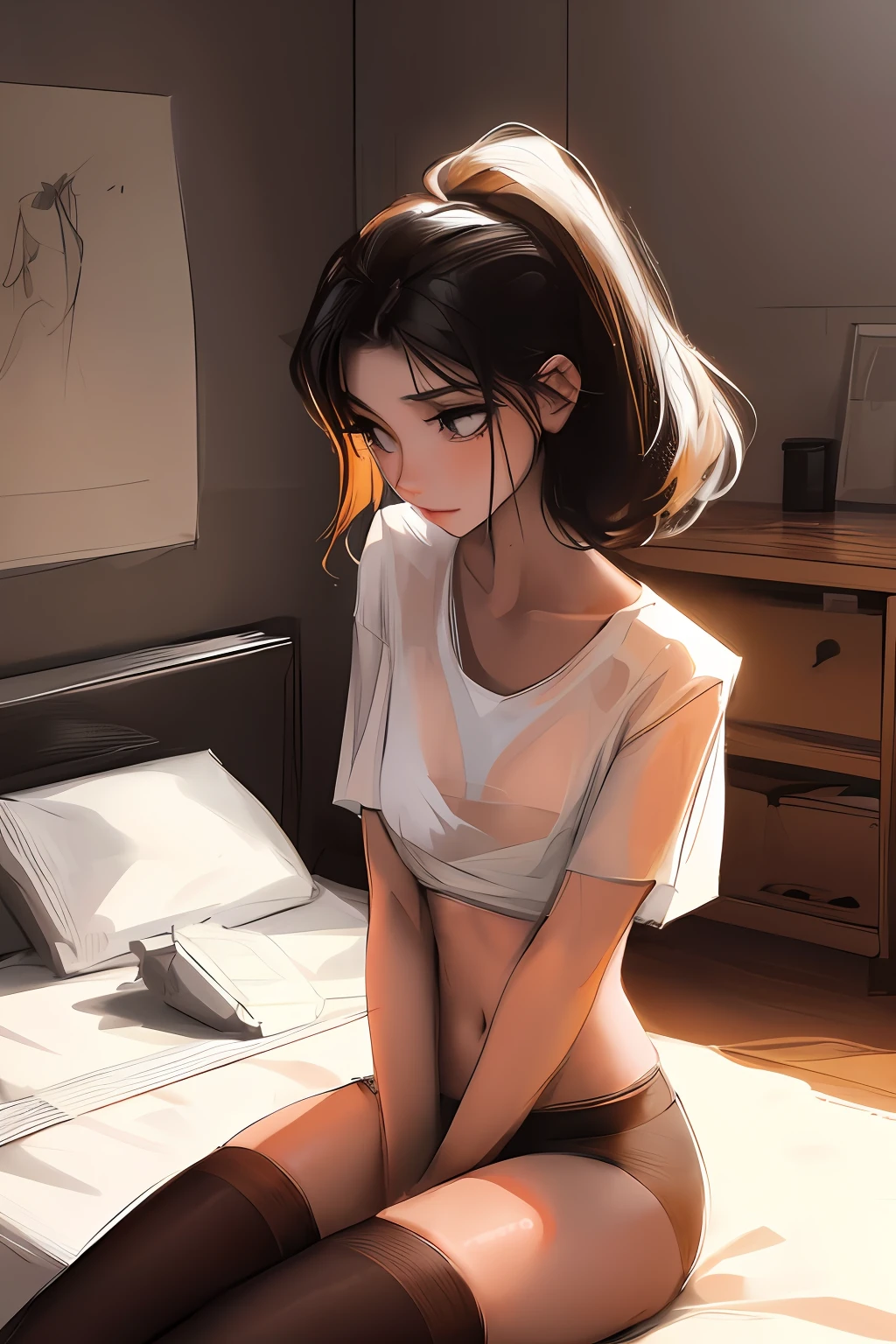 Sketch a girl with long black hair with a cropped top , no bra or shirt. semi nude in a Room with LED light sitting on her bed thigh highs