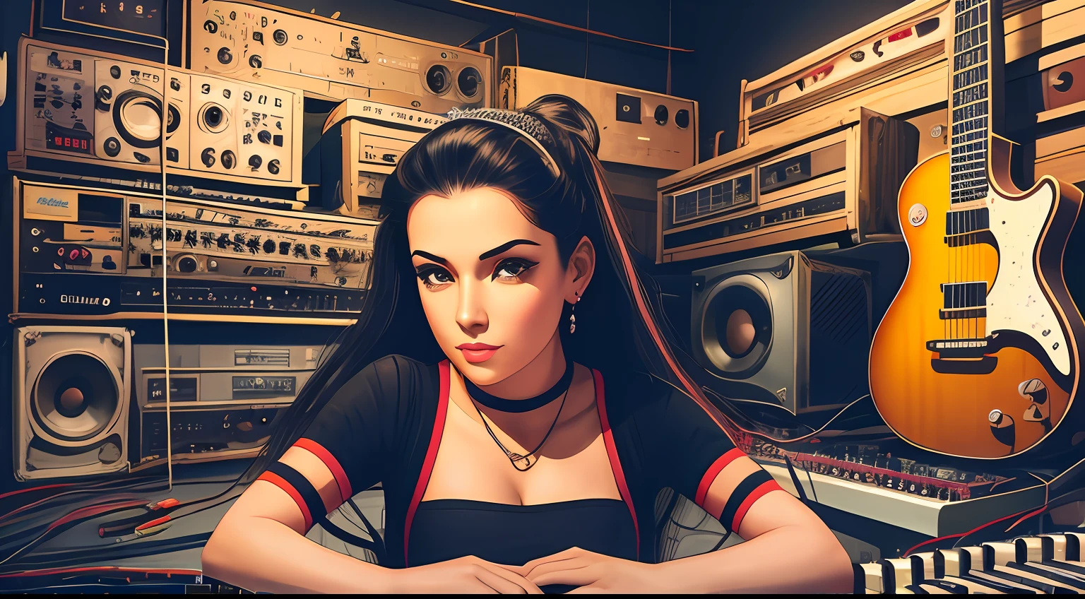 pop art photography of a beautiful female pianist in a room full of vintage synths and amps, cables on the floor, pop art posters on the wall, perfect anatomy, beautiful face, symetrical face, smooth skin, maximum resolution,extreme high quality, maximum details, 8k, cinematic lighting, volumetric lighting, deep shadows, edison bulbs, intimate, nice, warm, cozy
