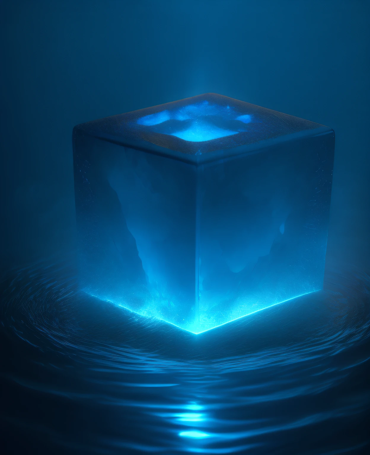 blue cube hovering above water, glowing, emanating, unreal engine, ultra realistic, 8k