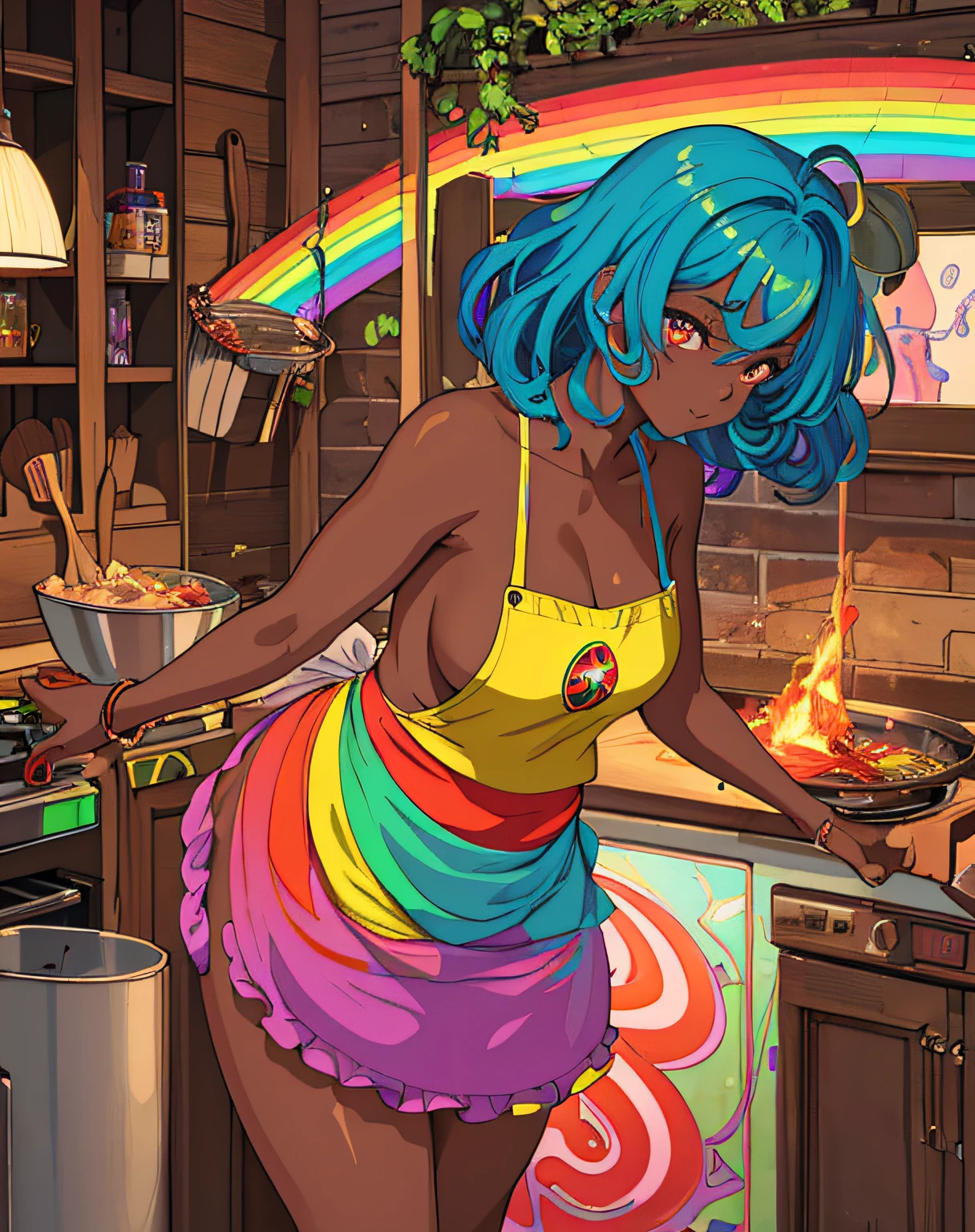 "(A masterpiece in the best quality) with a sexy twist: (a naked african goddess in a neon rainbow apron) bent over and cooking. This (NSFW) prompt provides a tempting (side view) for your art. really curly hair, dark skin, fat round belly voluptuous body