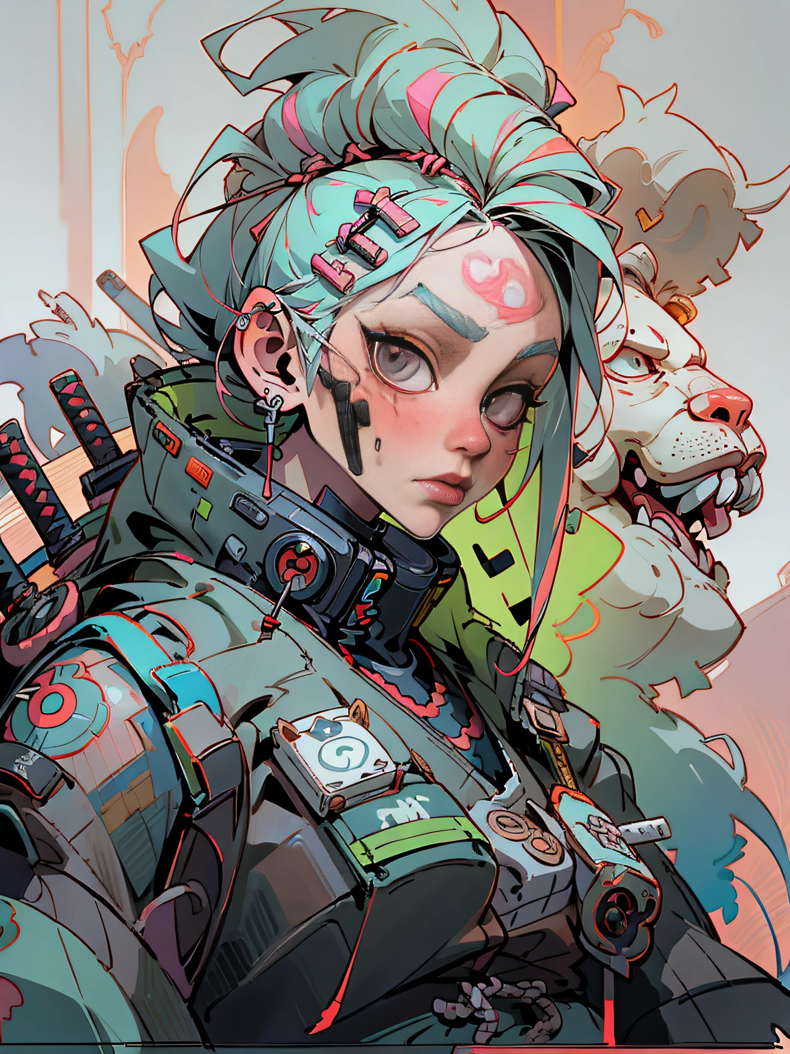 (A detailed portrait of a cyberpunk Samurai with cyberpunk mask), exquisite and slim fitting Cyber style clothing, Cartoon characters from Europe and America,Realistic painting style,Clear lines,Facial tattoo,A sharp gaze,Exquisite facial details,best quality, art, masterpiece, illustration, Bright Colors,color grading,High saturation,High contrast,Poster Style, White background,Accent OctaneRendering,full view,8k --niji 5