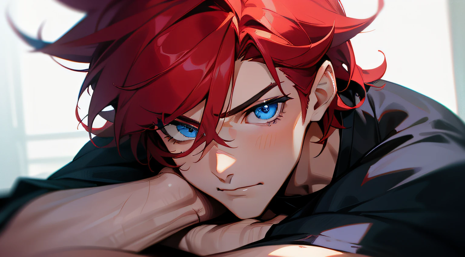 (best quality) a sexy man, vibrant red hair and blue eyes, fitness, black clothing and seductive look