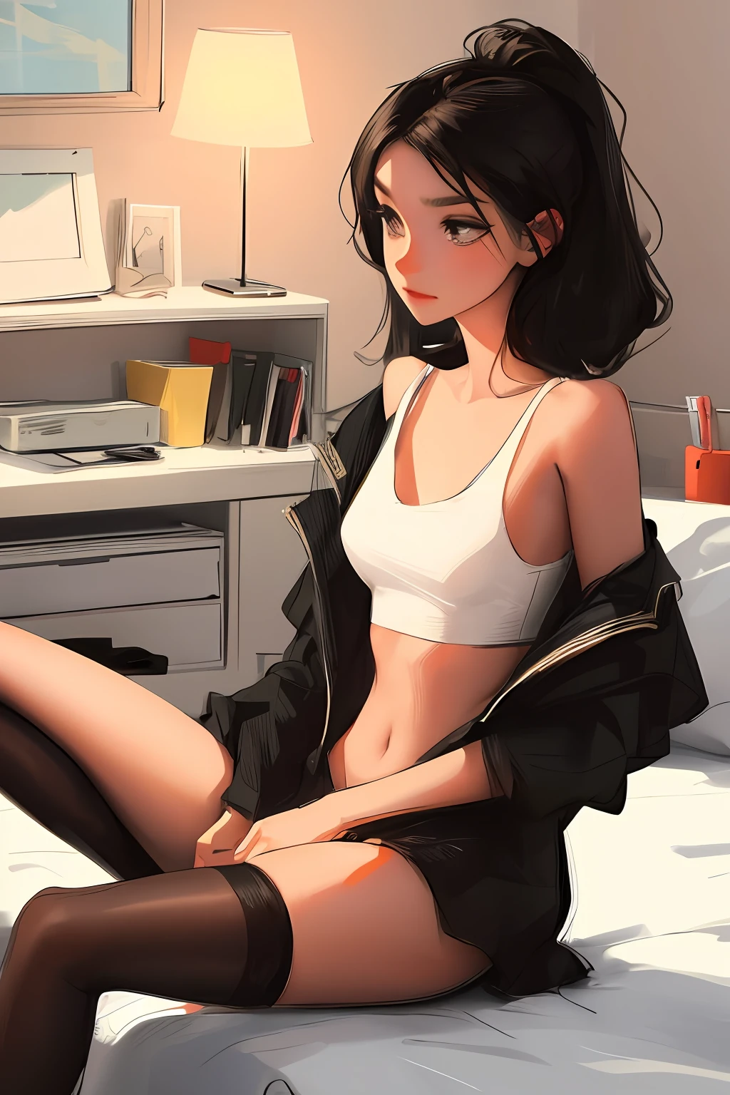 Sketch a girl with long black hair with a cropped top , no bra or shirt. semi nude in a Room with LED light sitting on her bed thigh highs