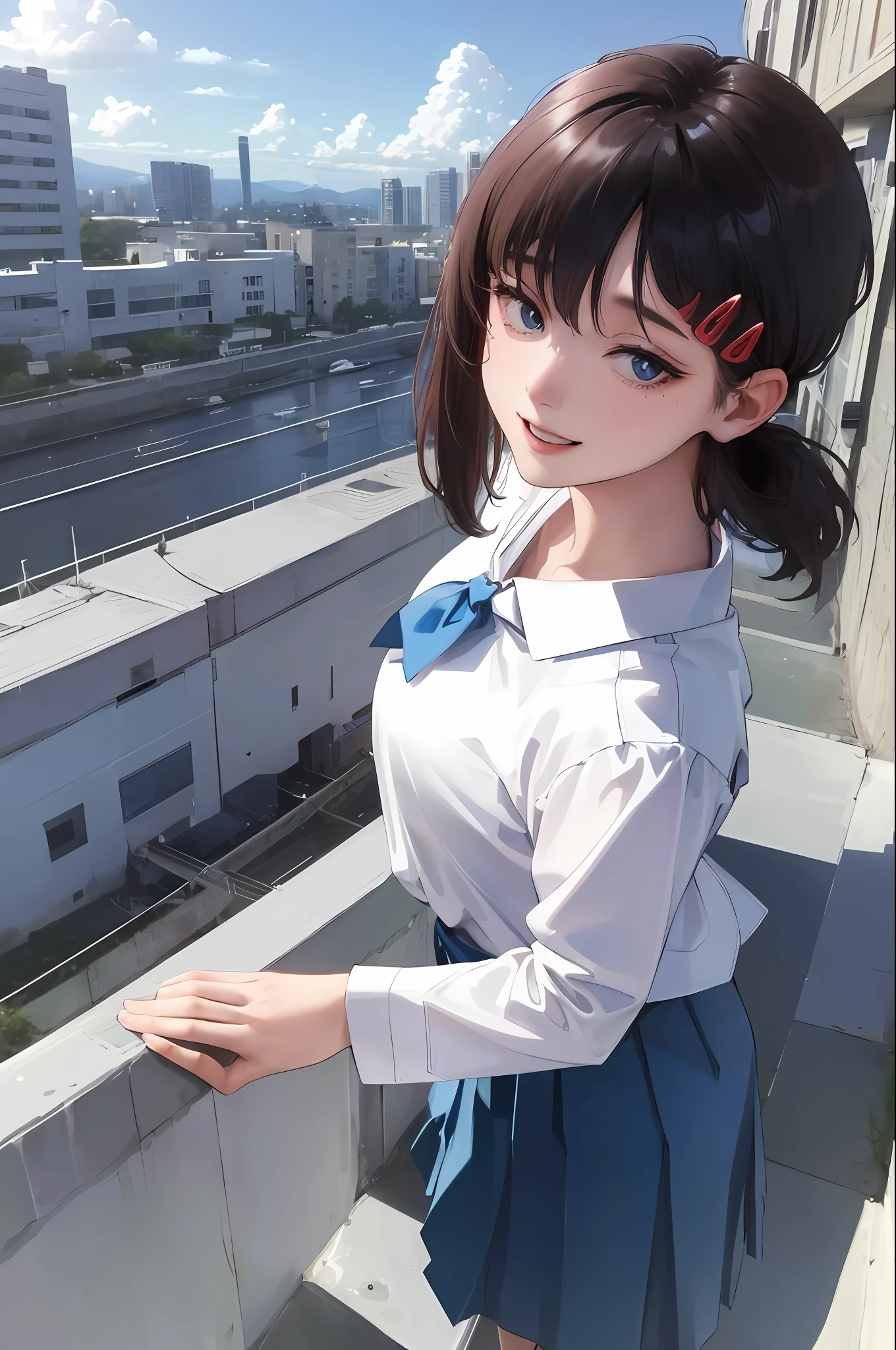 official art, masterpiece, sharp focus, (beautiful, beautiful and cute Japanese woman: 1.3), (beautiful and cute Korean: 1.3), Japanese beauty, Delicate and beautiful hair, eyes and face, realistic, ultra detailed, beautiful girl, blue sky, glow white particle, (side illumination: 1.2), sunlight, white cloud, detailed clouds, slender, Lovely very big breasts and very big hips, smile with teeth, ((smile with eyes, open both eyes)), landscape, long straight hair, sexy facial expression, building (cityscape: 1.7), dynamic hair, black hair, bright blue eyes (blue pleated shirts + white skirt), white long socks, pale skin, hair ornament, epic scenery ,good anatomy, excellent pose, perspective from above.