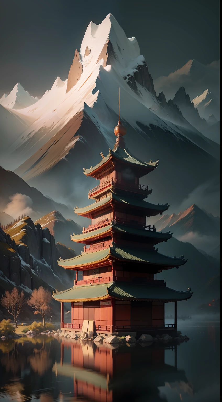 Draw a Chinese landscape calligraphy painting, masterpiece, best quality, high quality, extremely detailed CG unit 8k wallpaper, award winning photography, bokeh, depth of field, HDR, flood, chromatic aberration, realistic, very detailed, popular on artstation, popular on CGsociety, complex, high detail, dramatic, art on the go, volumetric lighting,