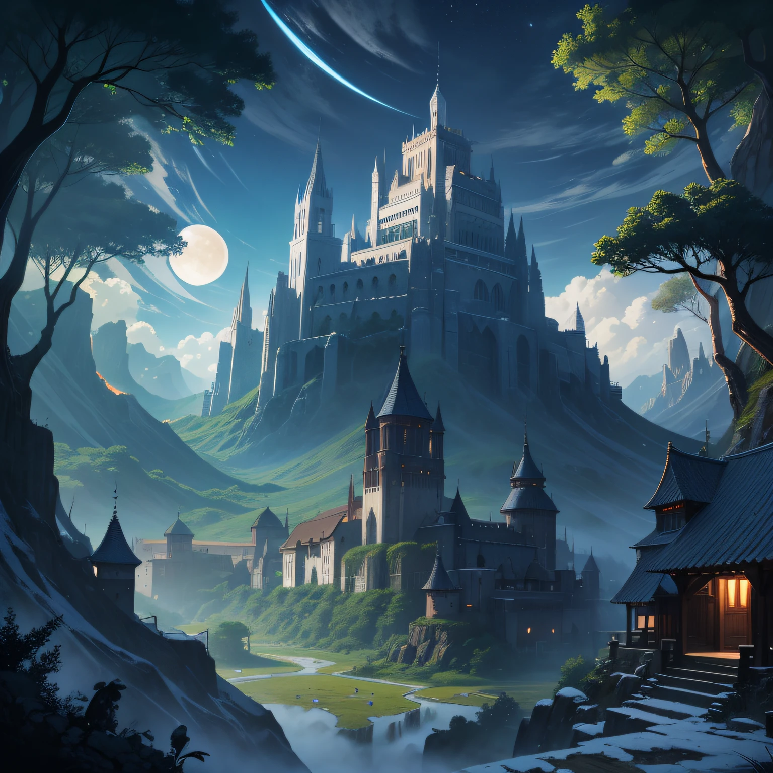 a place that is known as "Moon Mountains", in front of the city there is a forest., medieval, anime