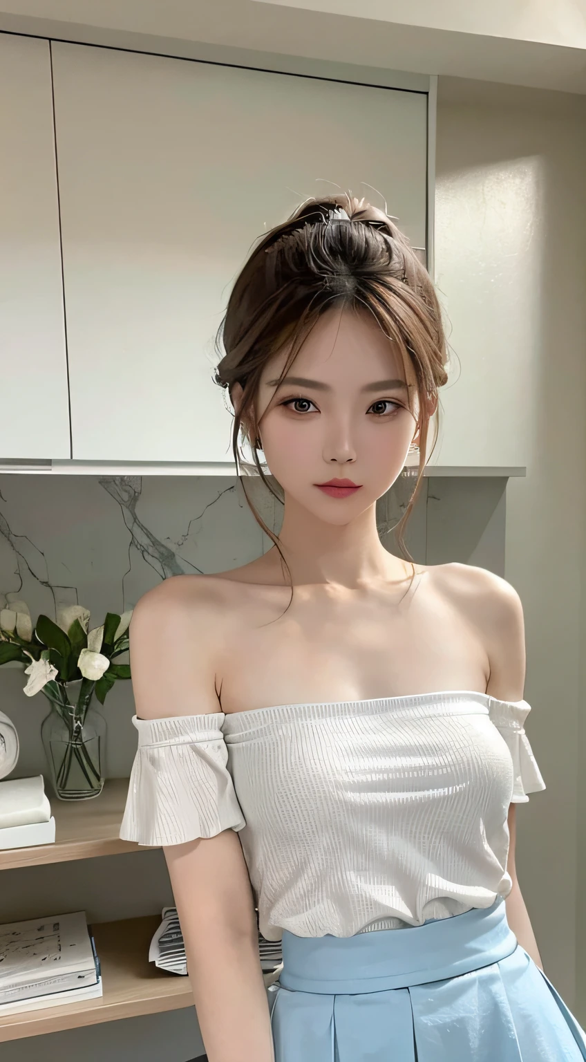 Fashion trendy beautiful and charming woman, gentle and charming Chinese beautiful woman, delicate and sexy collarbone, charming oval face, double eyelids, smart peach blossom eyes, pink lips, small nose, bare shoulders, focus on the face, close-up of the face, Ultra-high-definition, super-detailed, full-body photo, ultra-thin and light-transmitting, the white off-the-shoulder shirt perfectly echoes the light blue slit skirt, fresh and good, and can be seen through