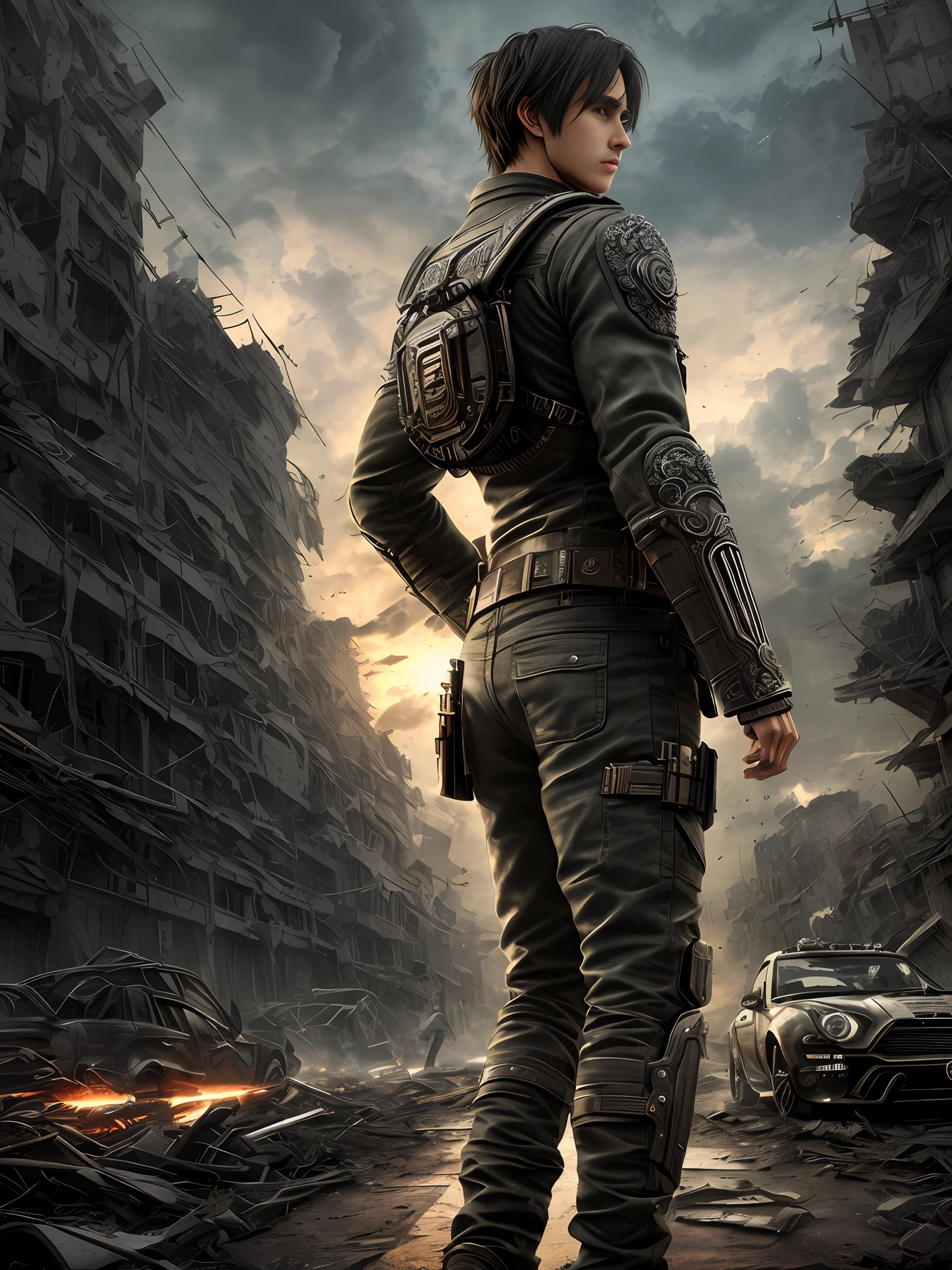 M male, (intricate details:1.22), HDR, (intricate details, hyperdetailed:1.2), full body, cinematic, intense, film composition, cinematic lighting, (rim lighting:1.3), color classification, , casual clothing, face eren yeager, strong body. 8K, apocalyptic destroyed city background, night, long black hair a, perfect body,