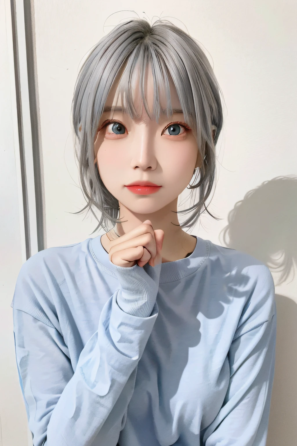 masterpiece, exquisite, 1 woman, upper body, gray hair, bright eyes, shirt,