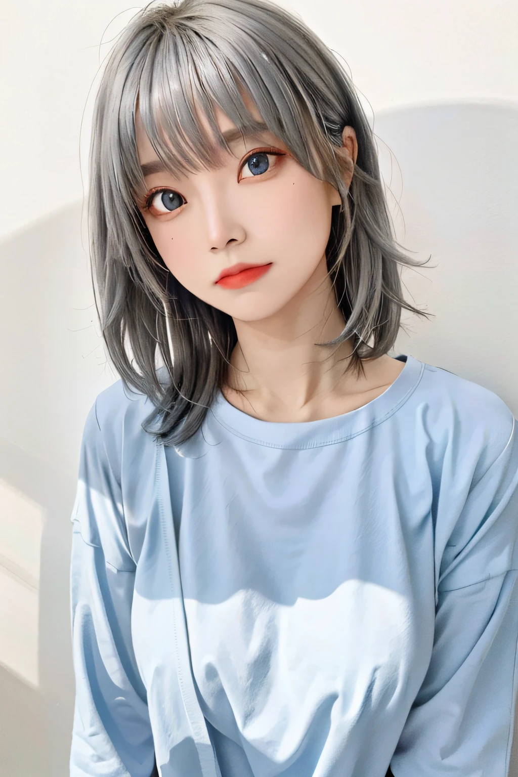 masterpiece, exquisite, 1 woman, upper body, gray hair, bright eyes, shirt,