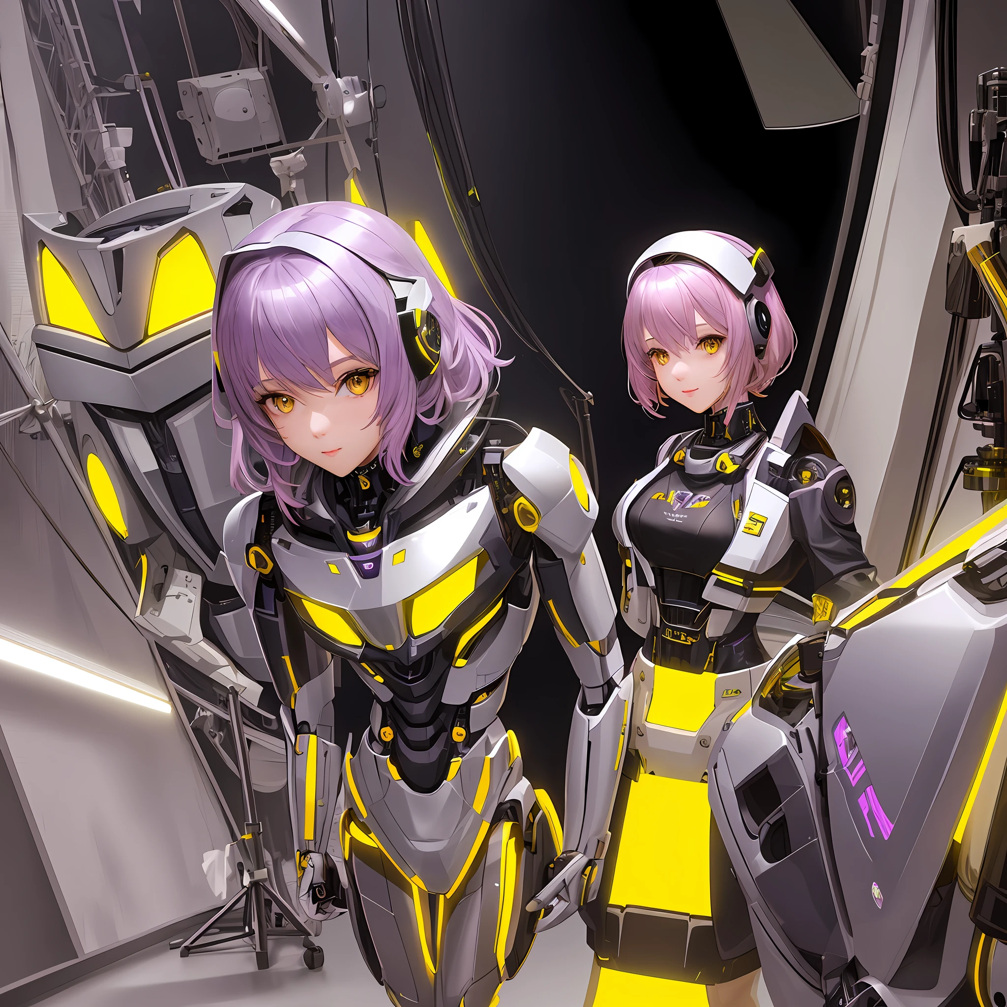 "A beautiful girl, with short lilac hair and yellow eyes, wearing robotic clothes, in a beautiful setting with studio lighting (A fashionista robot in a photography studio:1.1)"