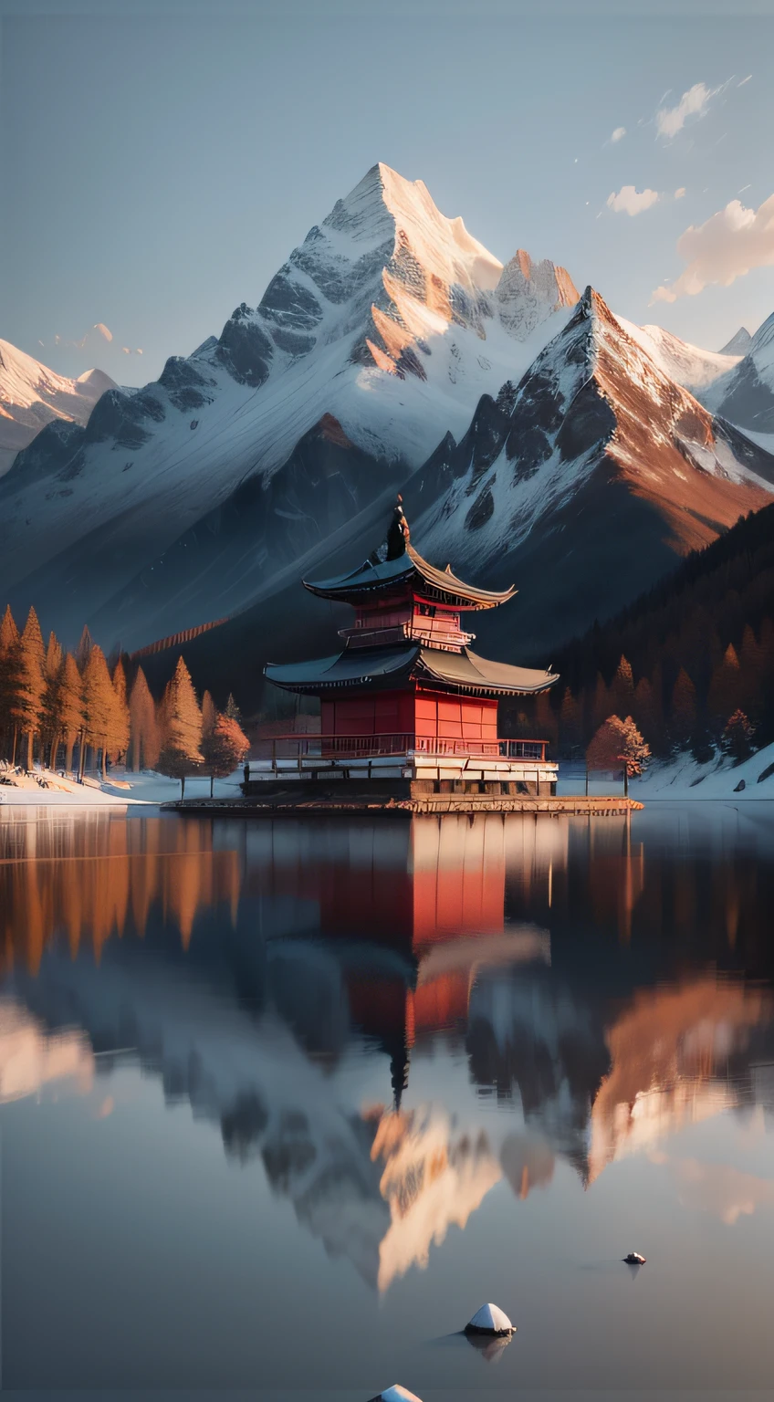 There is a large pagoda in the middle of the lake with mountains in the background, snow in winter in season, digital painting of the pagoda, Japonisme 3 D 8 K ultra detail, popular on ArtStation 4K, dojo on the mountain, 8K stunning artwork, trends on ArtStation Hq, detailed painting 4 K, 4K highly detailed digital art, low detail. Digital painting.