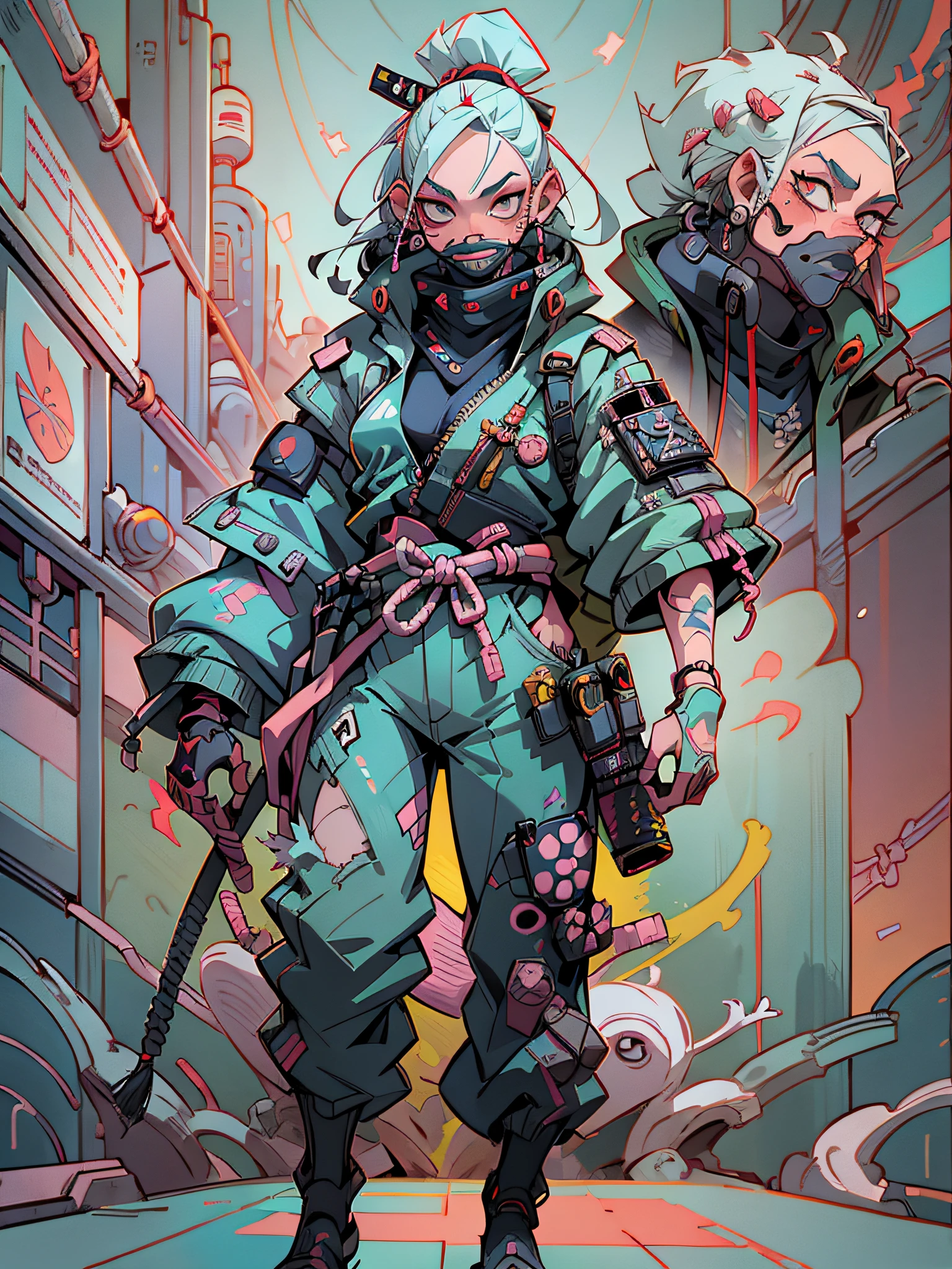 (A detailed portrait of a cyberpunk Samurai with cyberpunk mask), (full body), exquisite and slim fitting Cyber style clothing, Cartoon characters from Europe and America,Realistic painting style,Clear lines,Facial tattoo,A sharp gaze,Exquisite facial details,best quality, art, masterpiece, illustration, Bright Colors,color grading,High saturation,High contrast,Poster Style, White background,Accent OctaneRendering,full view,8k --niji 5