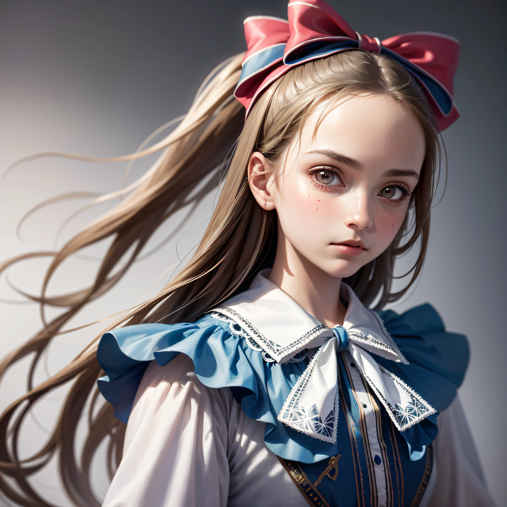 1girl, masterpiece, best quality, 8k, detailed skin texture, detailed cloth texture, beautiful detailed face, intricate details, ultra detailed, Alice in Wonderland, (a bow on her head:1.1), upper body