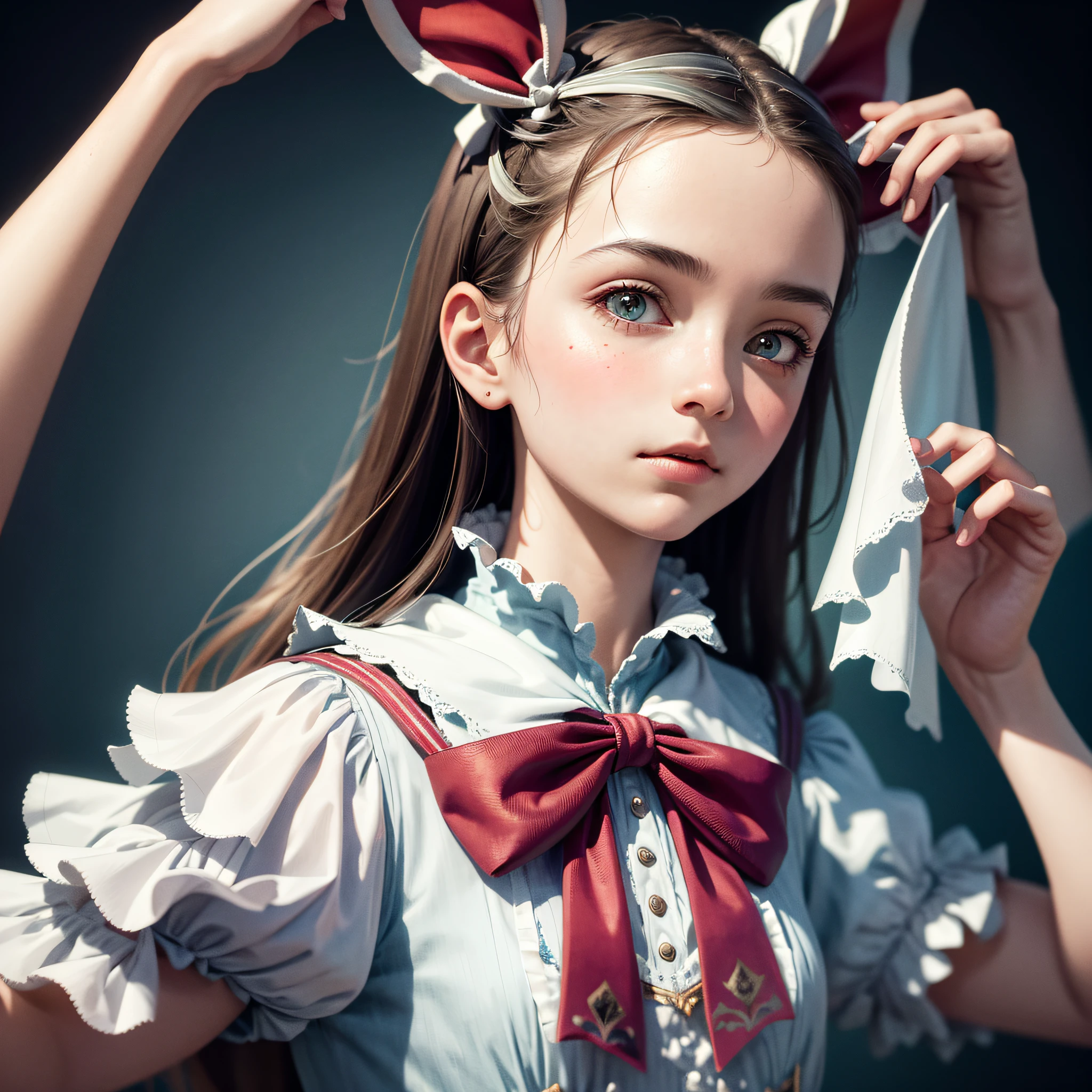 1girl, masterpiece, best quality, 8k, detailed skin texture, detailed cloth texture, beautiful detailed face, intricate details, ultra detailed, Alice in Wonderland, (a bow on her head:1.1), upper body